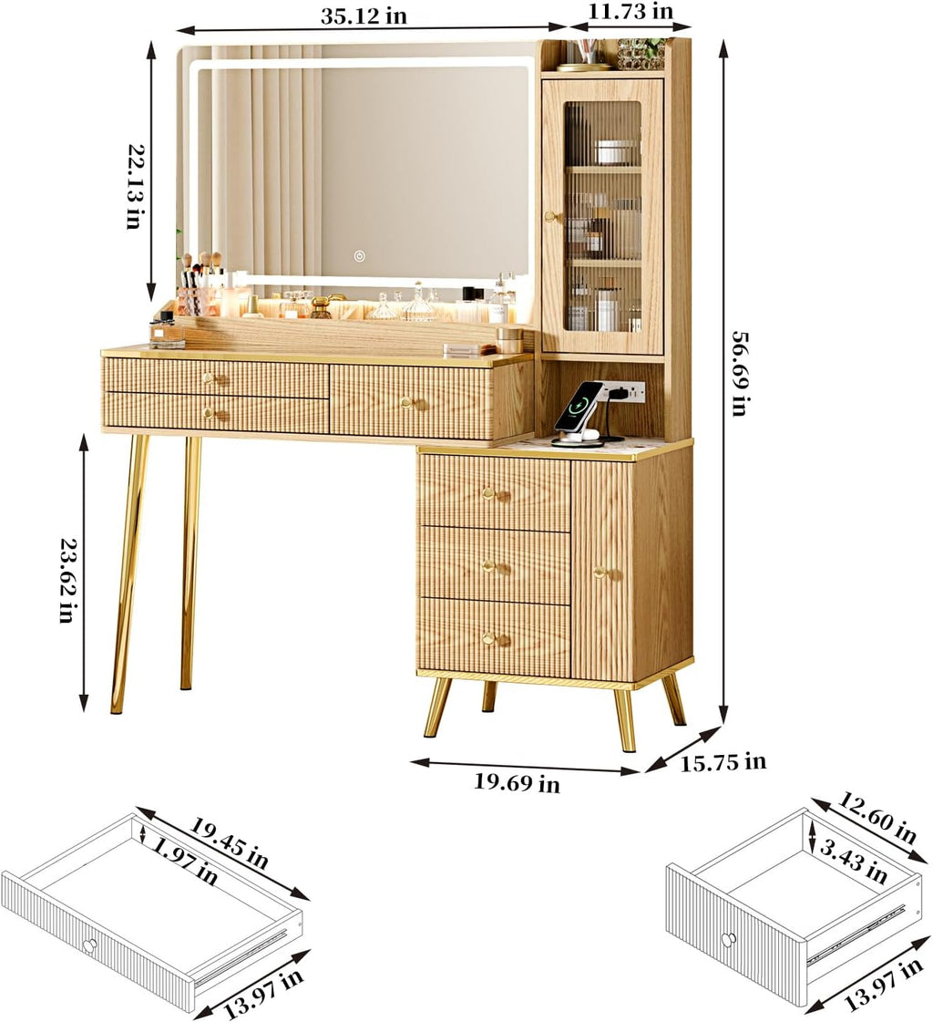Arulvmrn Vanity Desk with 35.12' HD Lighted Mirror, 46.85' Big Modern Vanity Desk with Mirror and Lights, Makeup Vanity with 7 Drawers and Storage Shelves and Charging Station, Oak