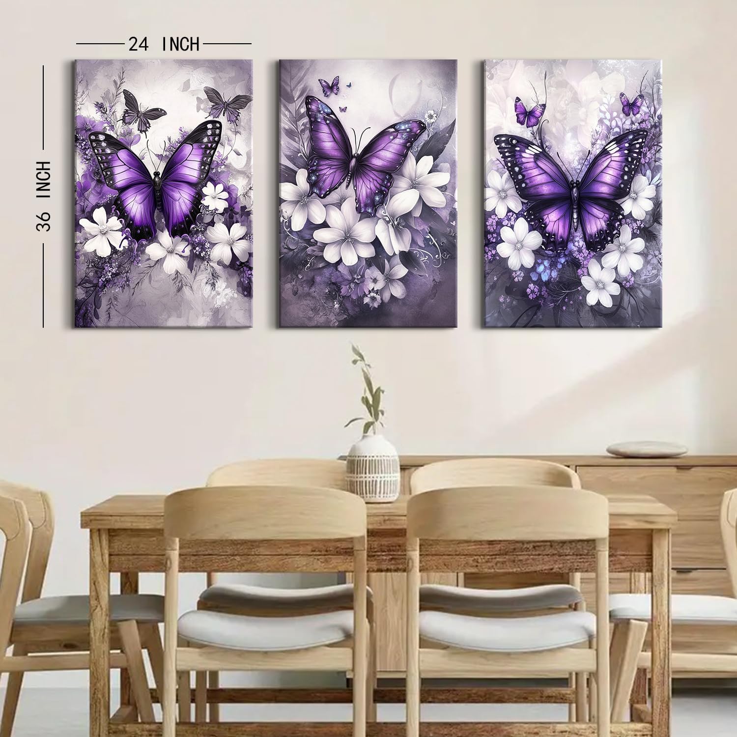 Vintage Floral Wall Art Purple Butterfly Flower Wall Decor Nature Blossom Botanical Pictures Farmhouse Wildflower Canvas Prints Painting Artwork for Bedroom Living Room Home Decoration 24x36' 3Pcs