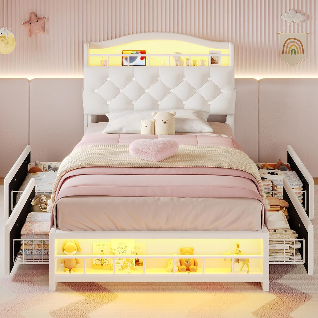 BTHFST Twin Bed Frame with Storage Headboard & 4 Drawers, Girl Upholstered Storage Bed with LED Lights & Charging Station, No Box Spring Needed, Easy Assembly, Beige