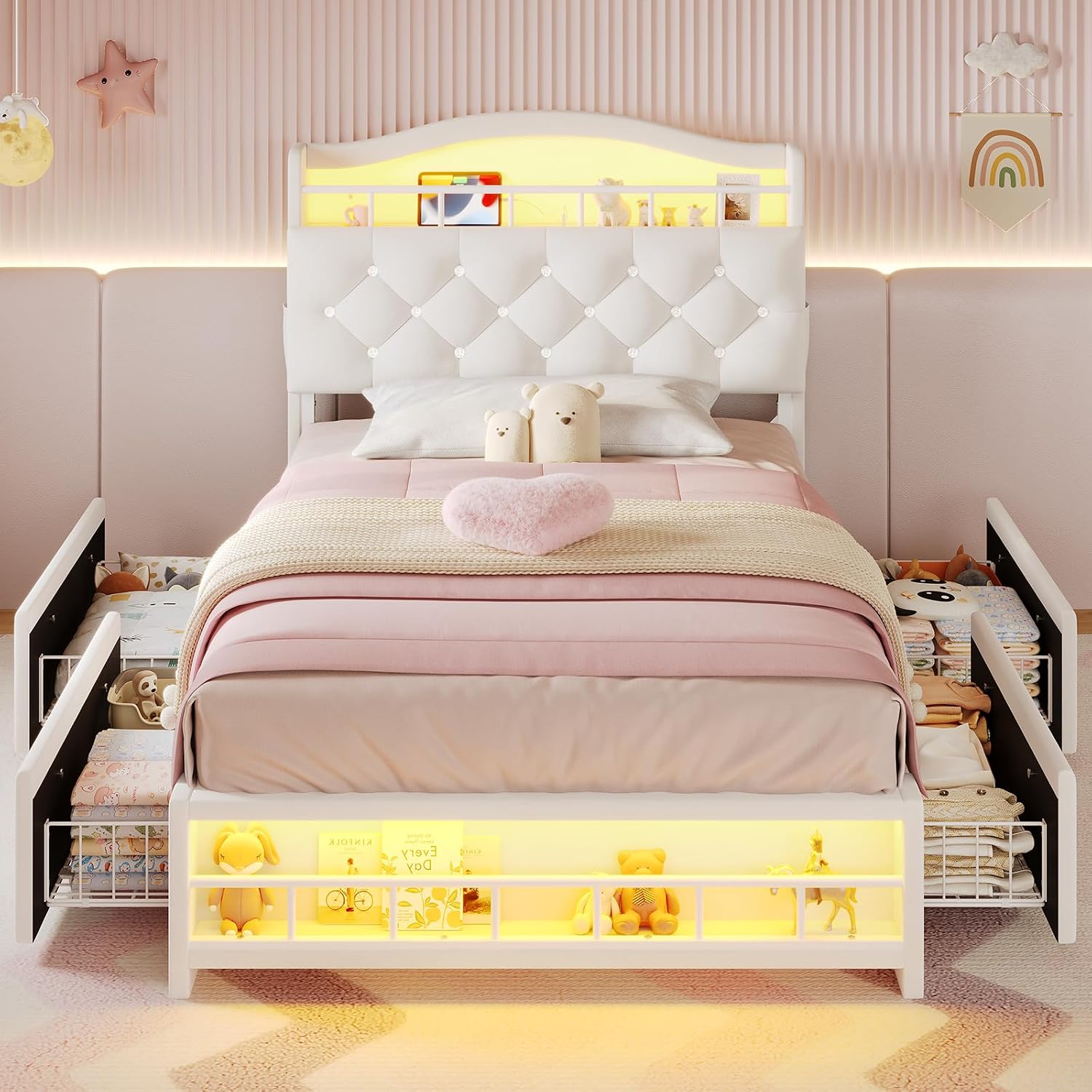 BTHFST Twin Bed Frame with Storage Headboard & 4 Drawers, Girl Upholstered Storage Bed with LED Lights & Charging Station, No Box Spring Needed, Easy Assembly, Beige