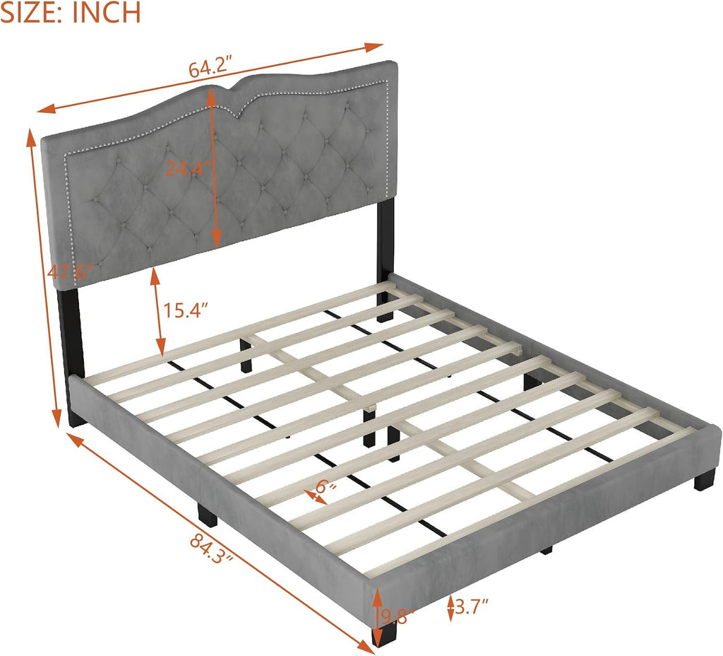 VilroCaz Elegant Velvet Design 3-Pieces Bedroom Sets, Modern Full Size Platform Bed with 2 Nightstands, Bedside Table, Rivet Design Tufted Headboard (Grey-CB, Full)