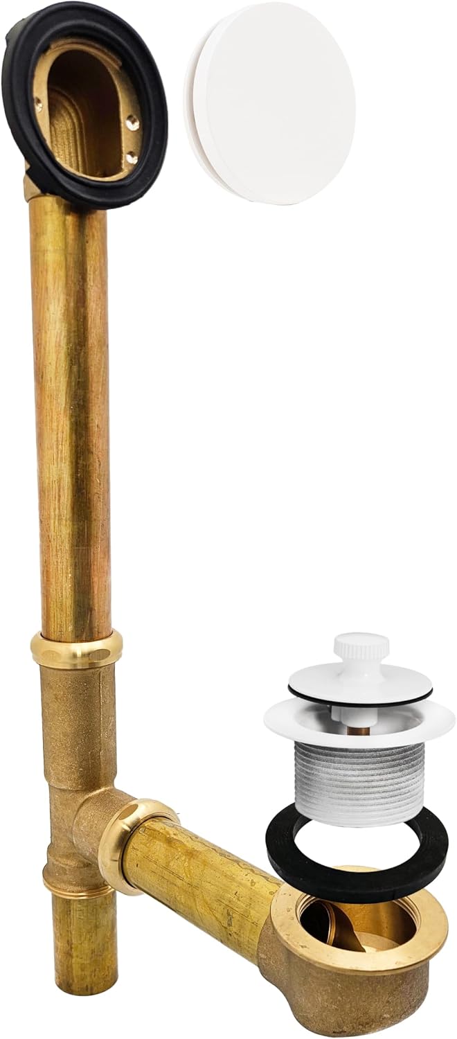 Westbrass A321H-50 14' Brass Bath Waste & Overflow Assembly with Twist & Close Drain Plug and Illusionary Faceplate, Powder Coat White