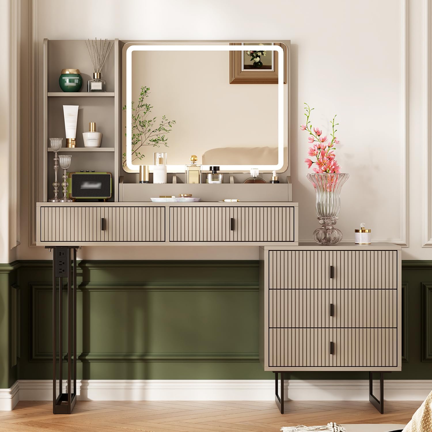 Ieejdn Large Vanity Desk with 3 Color Touch Screen Dimming Mirror, Vanity Desk with Charging Station, Modern Retractable Makeup Dressing Table, Makeup Table with Storage Shelves and 5 Sliding Drawers