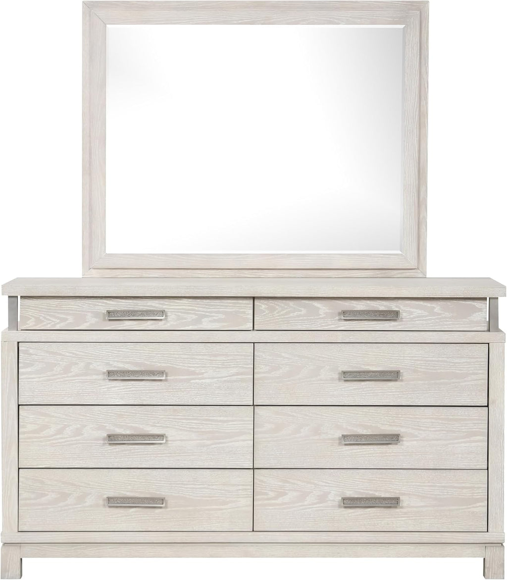 Furniture of America Bailer Modern Solid Wood 5-Piece Bedroom Set with LED on Headboard, Stainless Steal Posts and Marble Top on Nightstand, Box Spring Needed, Queen, Weathered Gray
