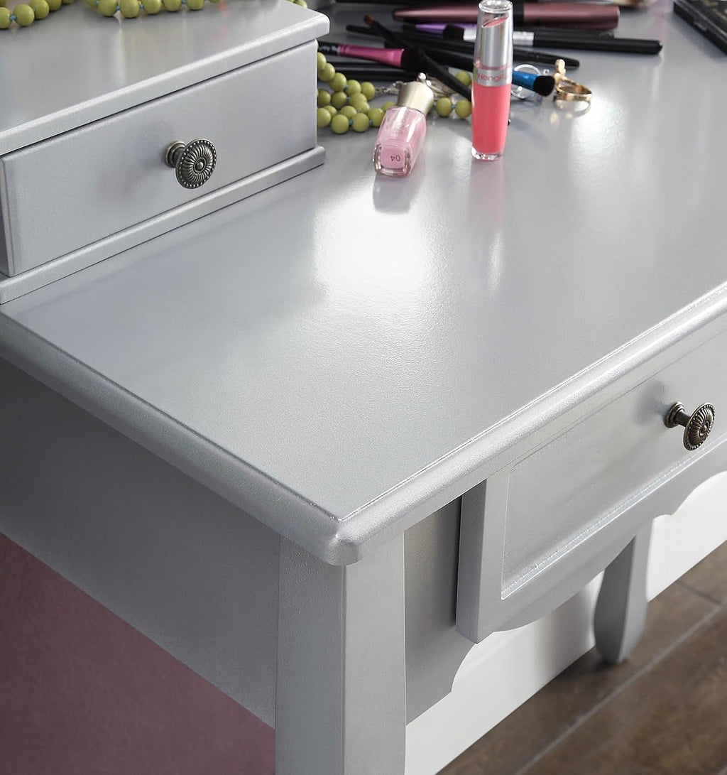 Roundhill Furniture Sanlo Wooden Vanity | Make Up Table and Stool Set | Silver