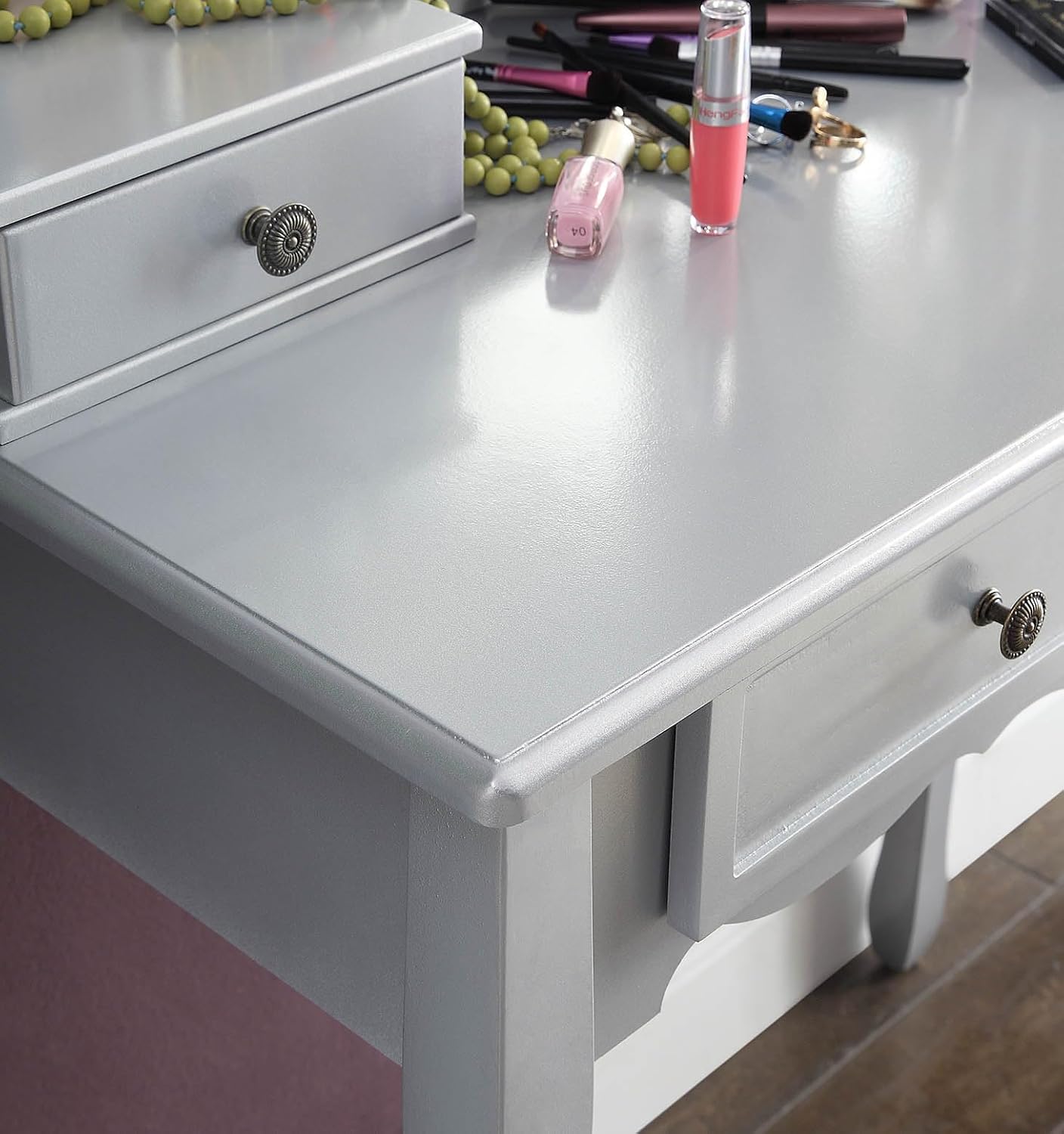 Roundhill Furniture Sanlo Wooden Vanity | Make Up Table and Stool Set | Silver