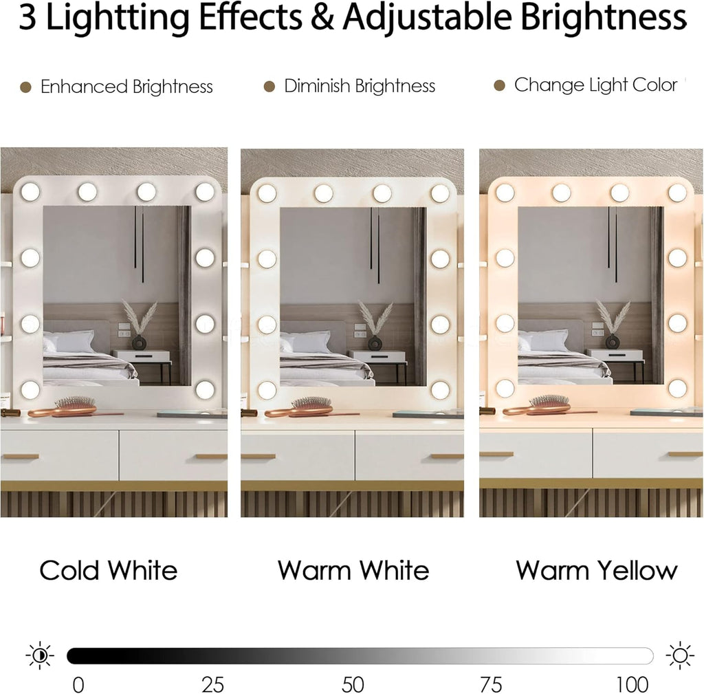 Vabches Vanity Desk with Mirror and 10 Led Lights, with Charging Station,Makeup Vanity Table Set with Lighted Mirror, with 3 Lighting Modes and 2 Drawers&Cushioned Stool for Bedroom