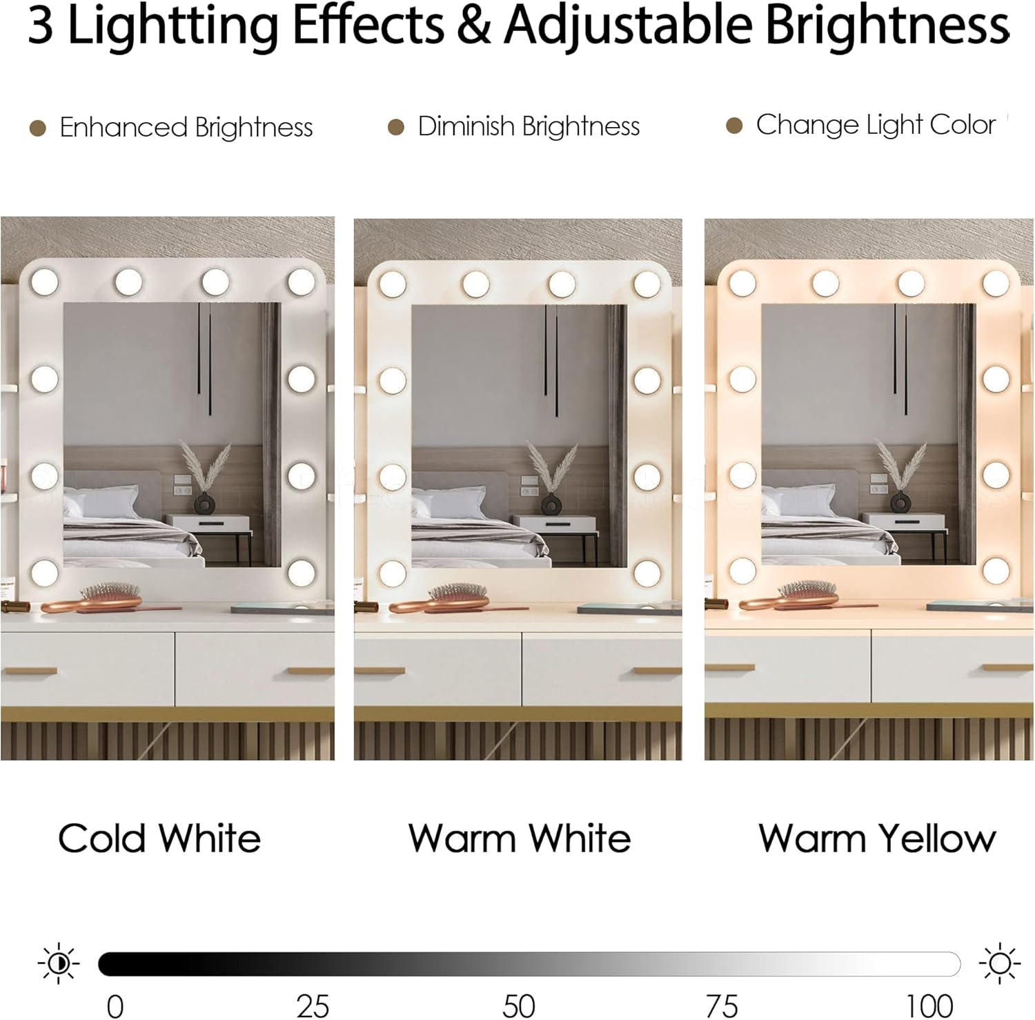 Vabches Vanity Desk with Mirror and 10 Led Lights, with Charging Station,Makeup Vanity Table Set with Lighted Mirror, with 3 Lighting Modes and 2 Drawers&Cushioned Stool for Bedroom