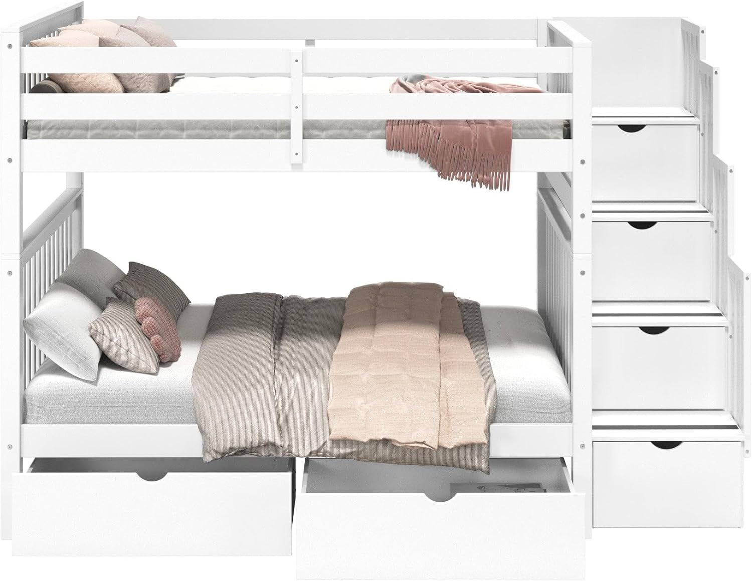 Bedz King Stairway Bunk Beds Full Over Full, 4 Step Drawers, 2 Storage Drawers, White