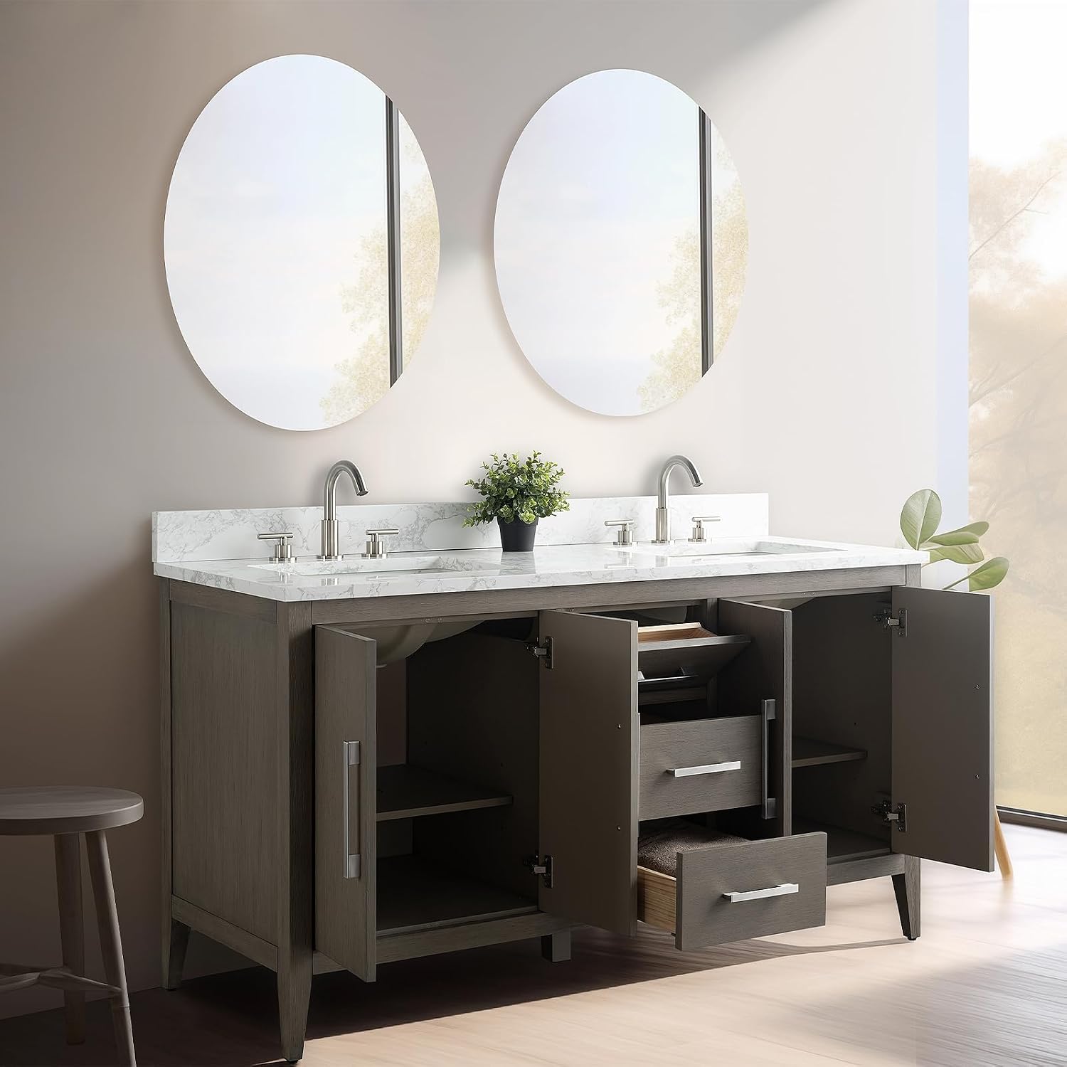 Vanity Art 60 inch Bathroom Vanity with Double Sink & Ceramic Top, Vanity Cabinet with Soft-Closing Doors, Drawers, Solid Wood Frame, Driftwood Gray, VA9060-DDG-MB1