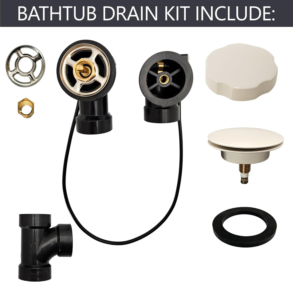 Westbrass A50A35-65 35' SCH. 40 ABS Cable Driven Bath Drain Trim Kit with Rotary Overflow Cover Knob and Pop-Up Stopper, Biscuit