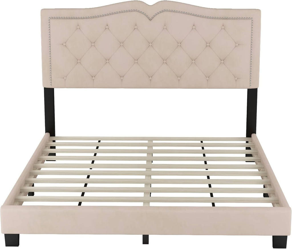 VilroCaz Elegant Velvet Design 3-Pieces Bedroom Sets, Modern Queen Size Platform Bed with 2 Nightstands, Bedside Table, Rivet Design Tufted Headboard
