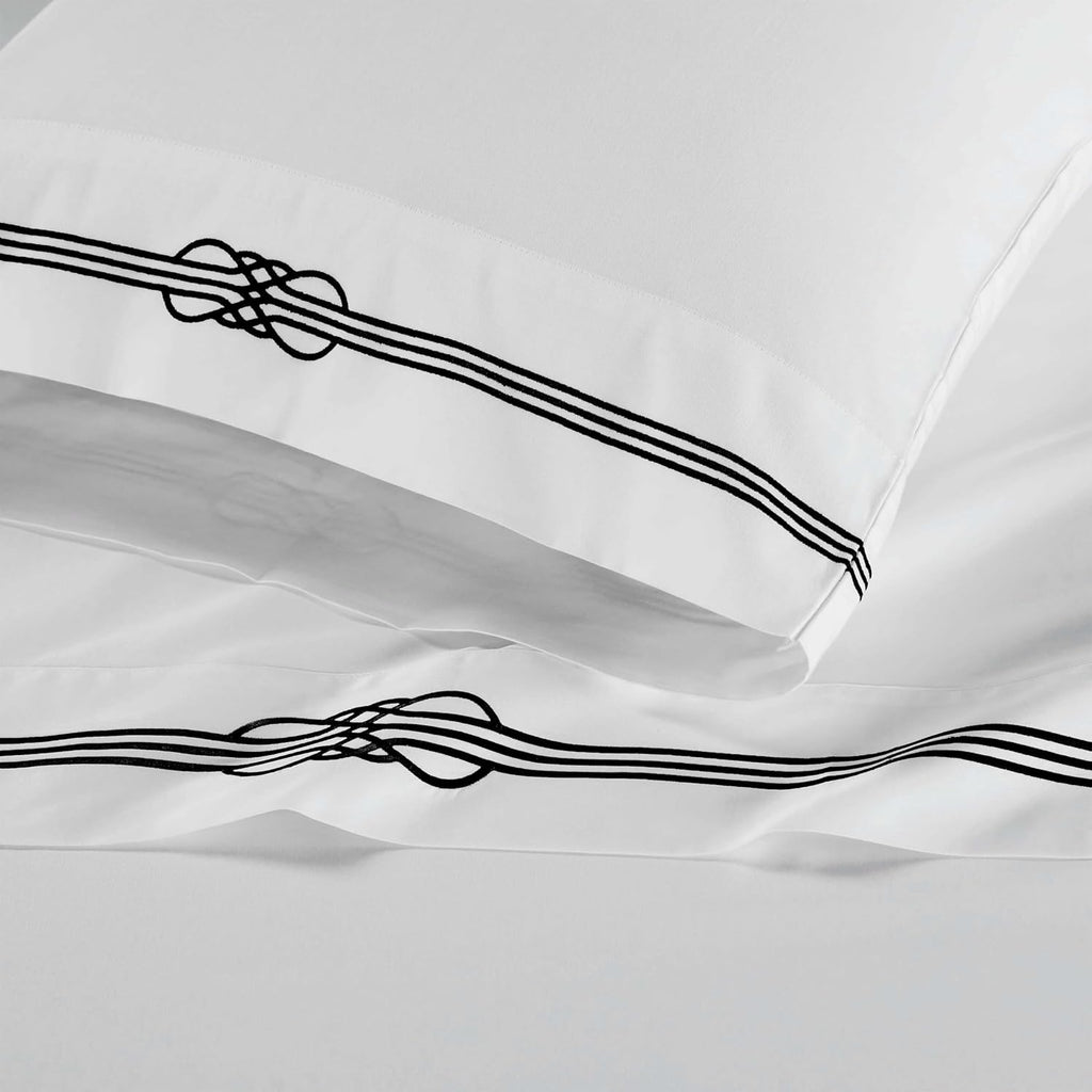 Superior Embroidered Cotton Bed Sheet Set, 1 Elastic Deep Pocket Fitted Sheet, 1 Flat Sheet, 2 Pillowcases, Daily Soft Sheets, Luxury, Elegant Design, Moonlawn Collection, King Size, White/Black