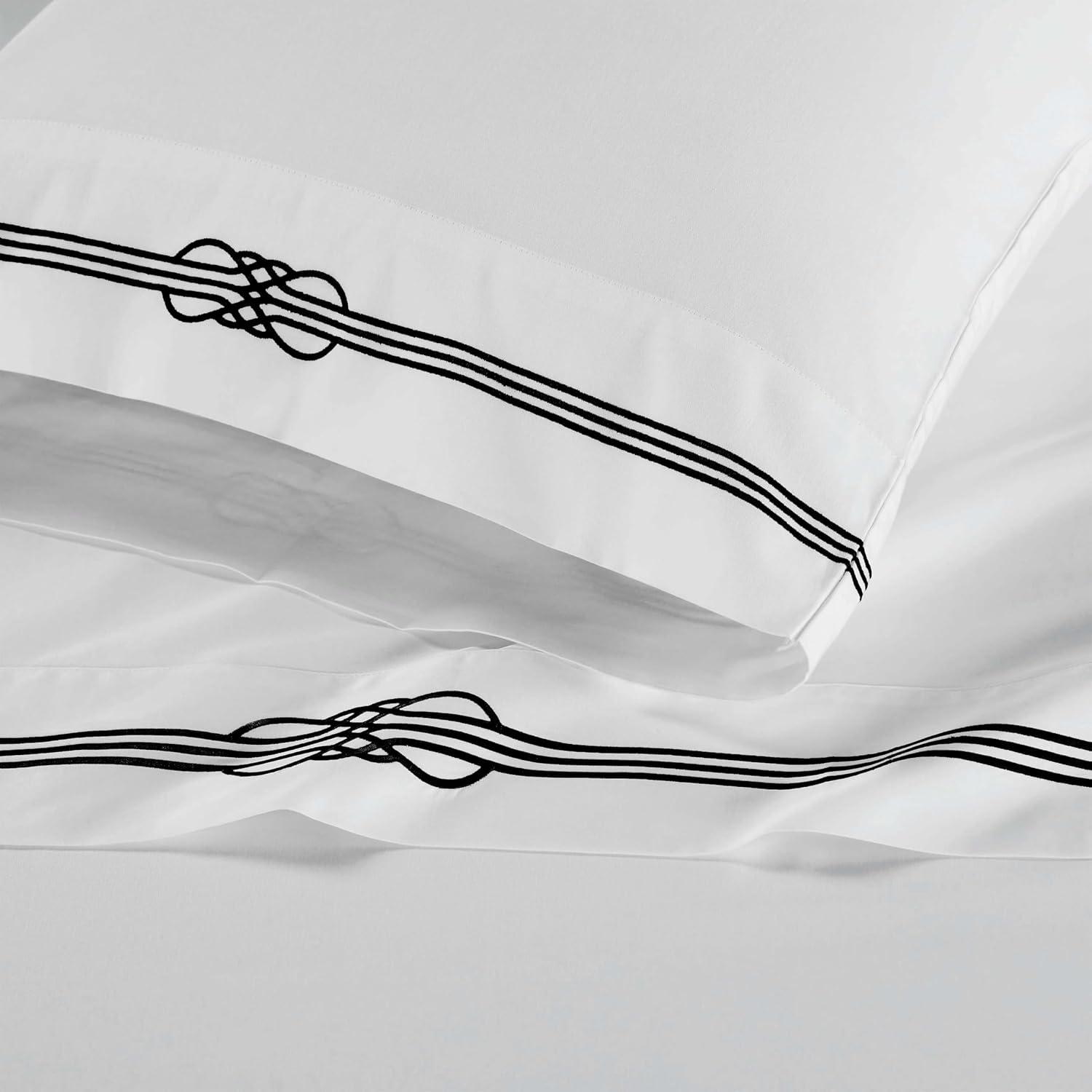 Superior Embroidered Cotton Bed Sheet Set, 1 Elastic Deep Pocket Fitted Sheet, 1 Flat Sheet, 2 Pillowcases, Daily Soft Sheets, Luxury, Elegant Design, Moonlawn Collection, King Size, White/Black