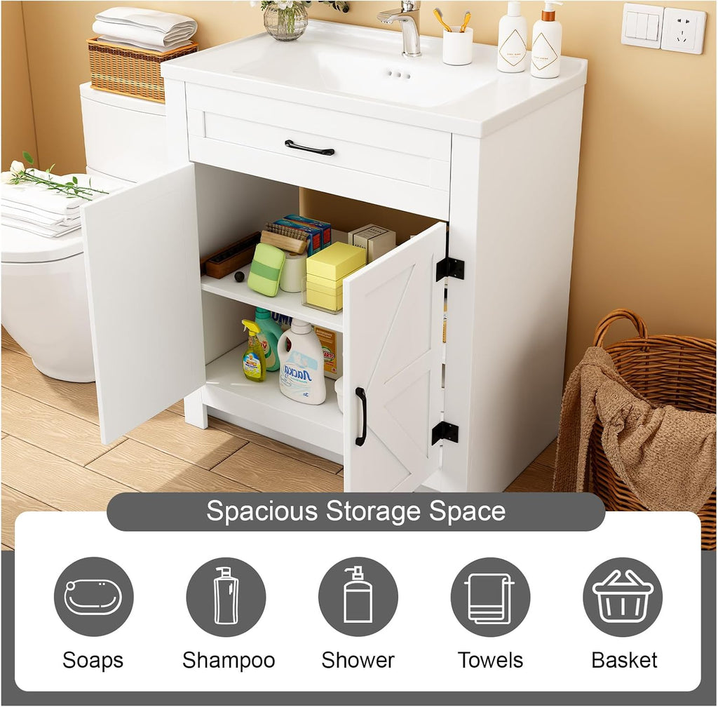 Bathroom Vanity, 24' Bathroom Vanity with Ceramic Sink, Farmhouse Bathroom Vanity Cabinet for Small Space, Freestanding Storage Cabinet with Shelf, 2 Doors, Easy Assembly
