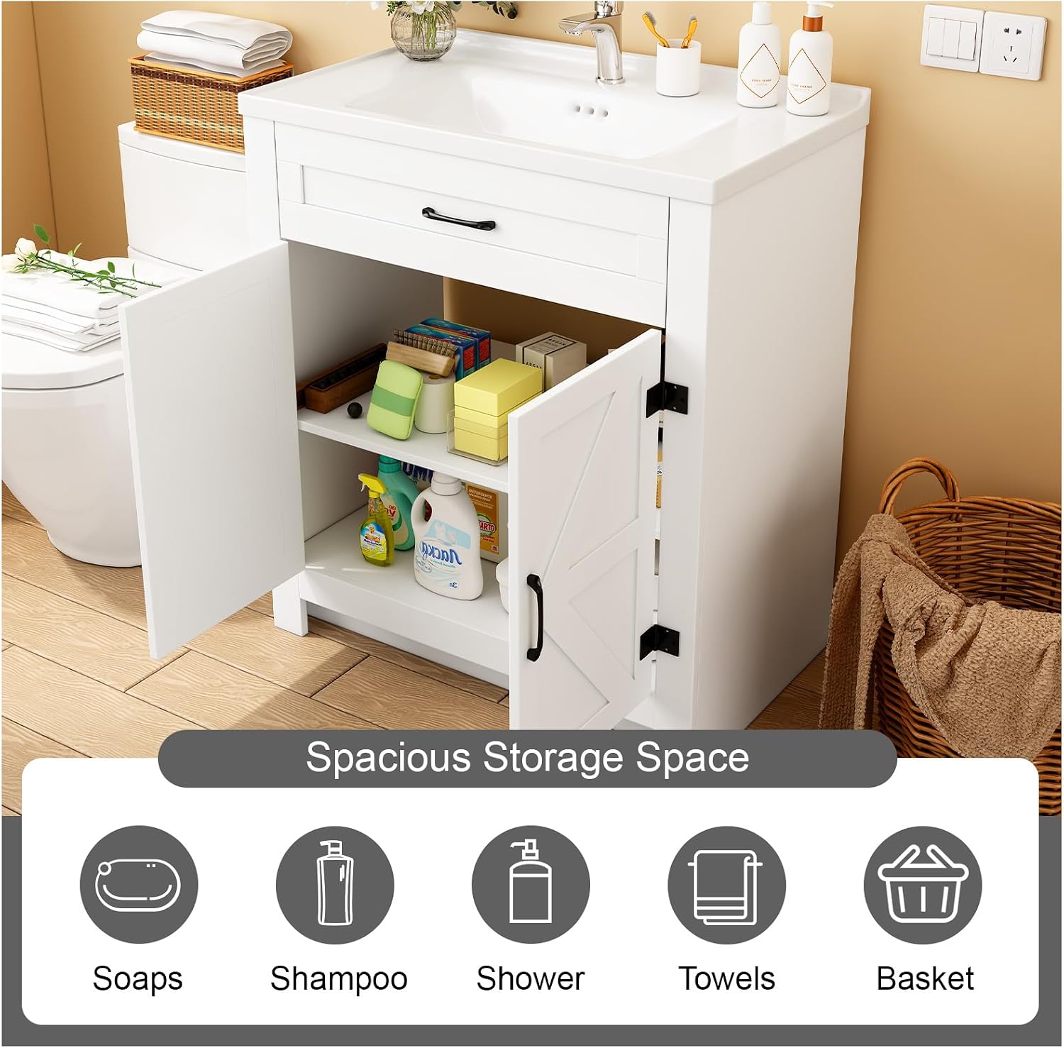 Bathroom Vanity, 24' Bathroom Vanity with Ceramic Sink, Farmhouse Bathroom Vanity Cabinet for Small Space, Freestanding Storage Cabinet with Shelf, 2 Doors, Easy Assembly