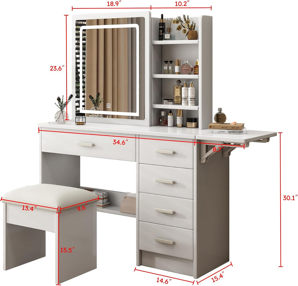 Runboll Vanity Desk with Mirror and Lights, Makeup Vanity Table Set with Chair, 5 Drawers, Open Shelves, Adjustable 3-Color LED Lighted Mirror, Bedroom Dressing Table for Women