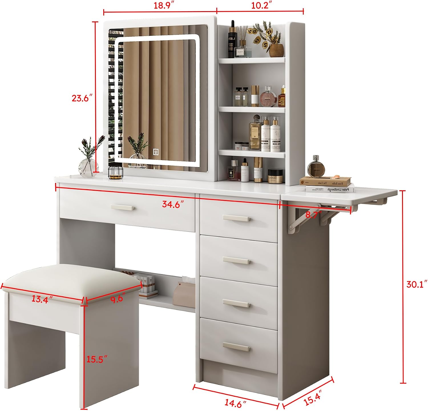 Runboll Vanity Desk with Mirror and Lights, Makeup Vanity Table Set with Chair, 5 Drawers, Open Shelves, Adjustable 3-Color LED Lighted Mirror, Bedroom Dressing Table for Women