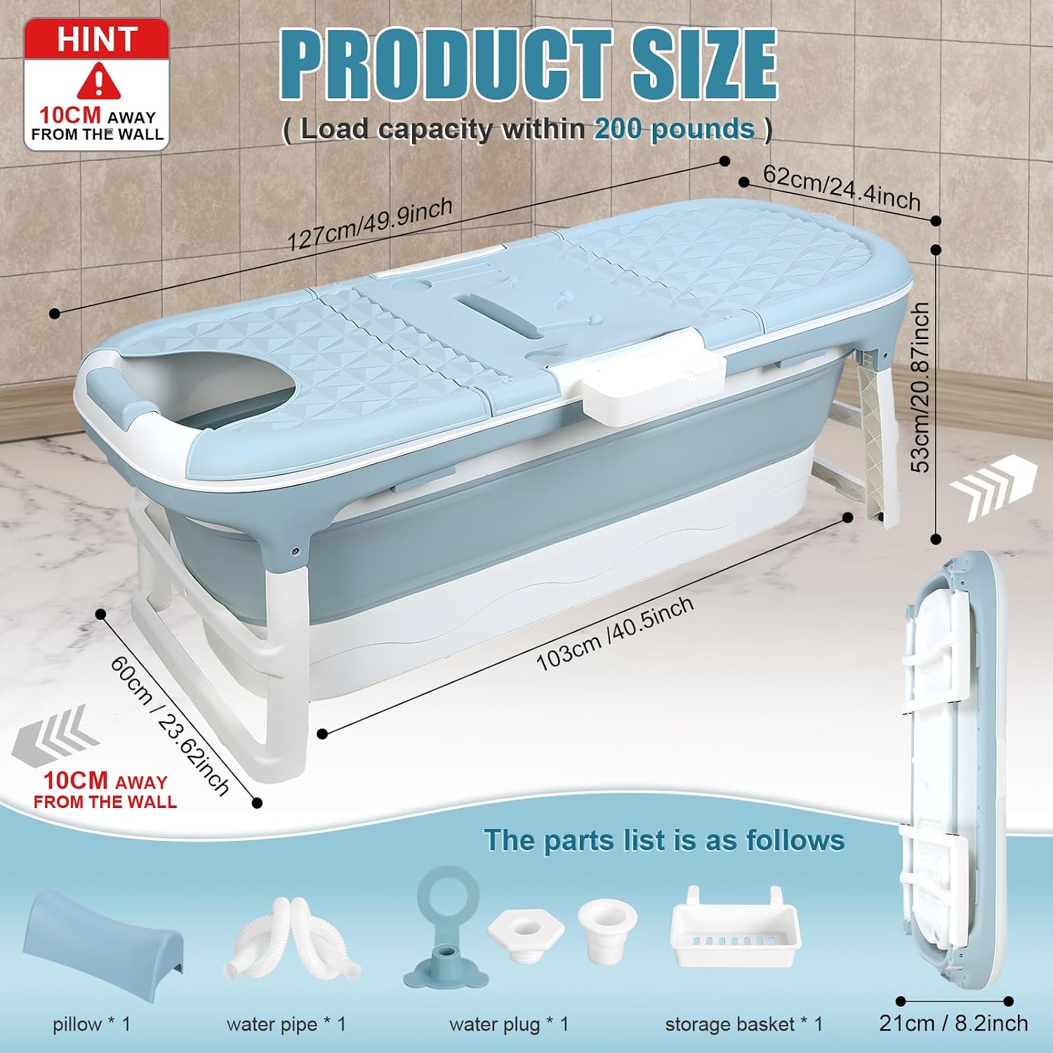 50' Foldable Bathtub for Adults, Large Portable Bath tub with Storage Basket, 1.3 Meter Foldable Bathtub with Thermal Cover for Indoor/Outdoor Use (Blue-50in)