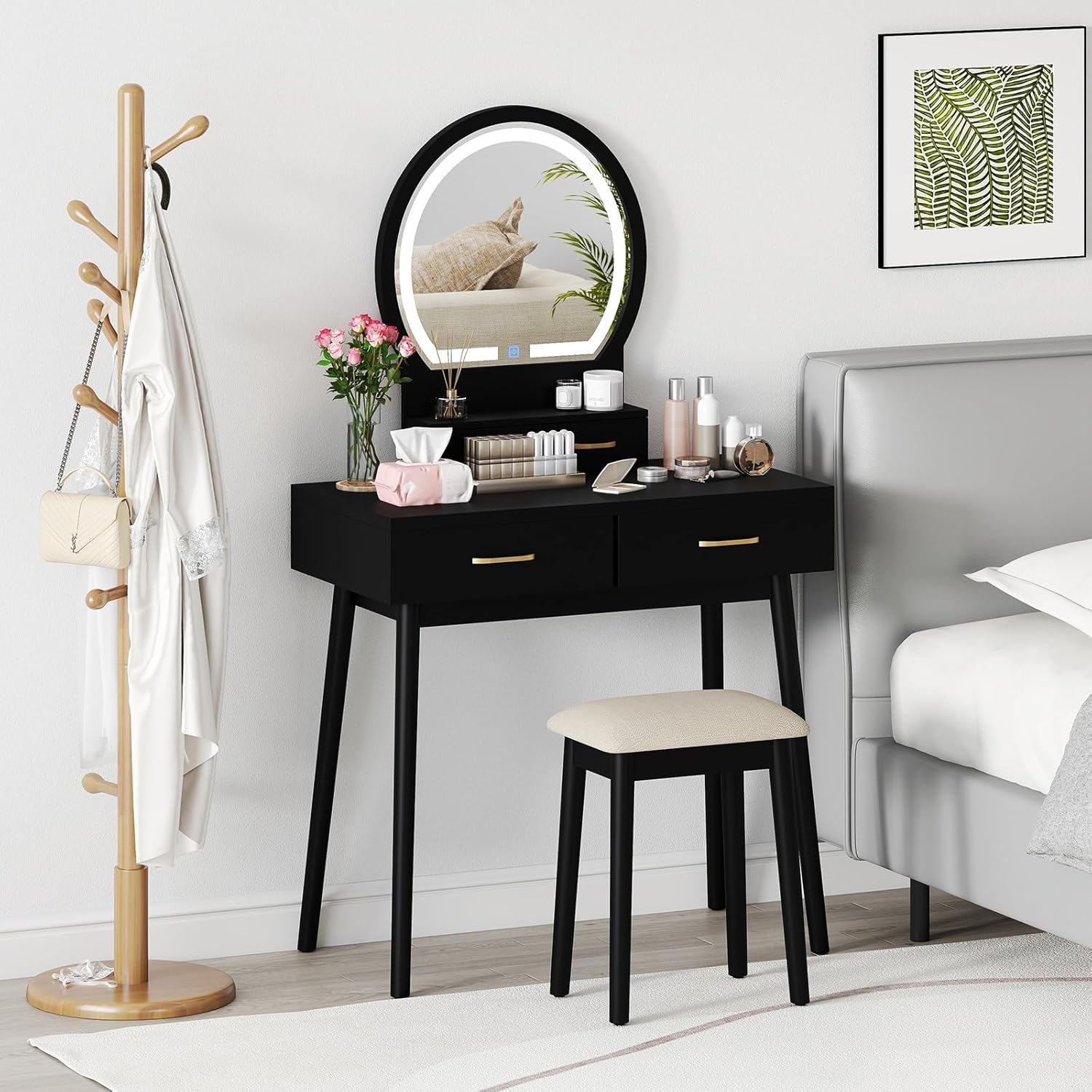 COSTWAY Small Vanity Desk with Mirror and Lights, Makeup Table with 4 Drawers, Vanity Stool, Round Lighted Mirror, 3 Color Modes, Dressing Table Set for Bedroom Small Space (Black)