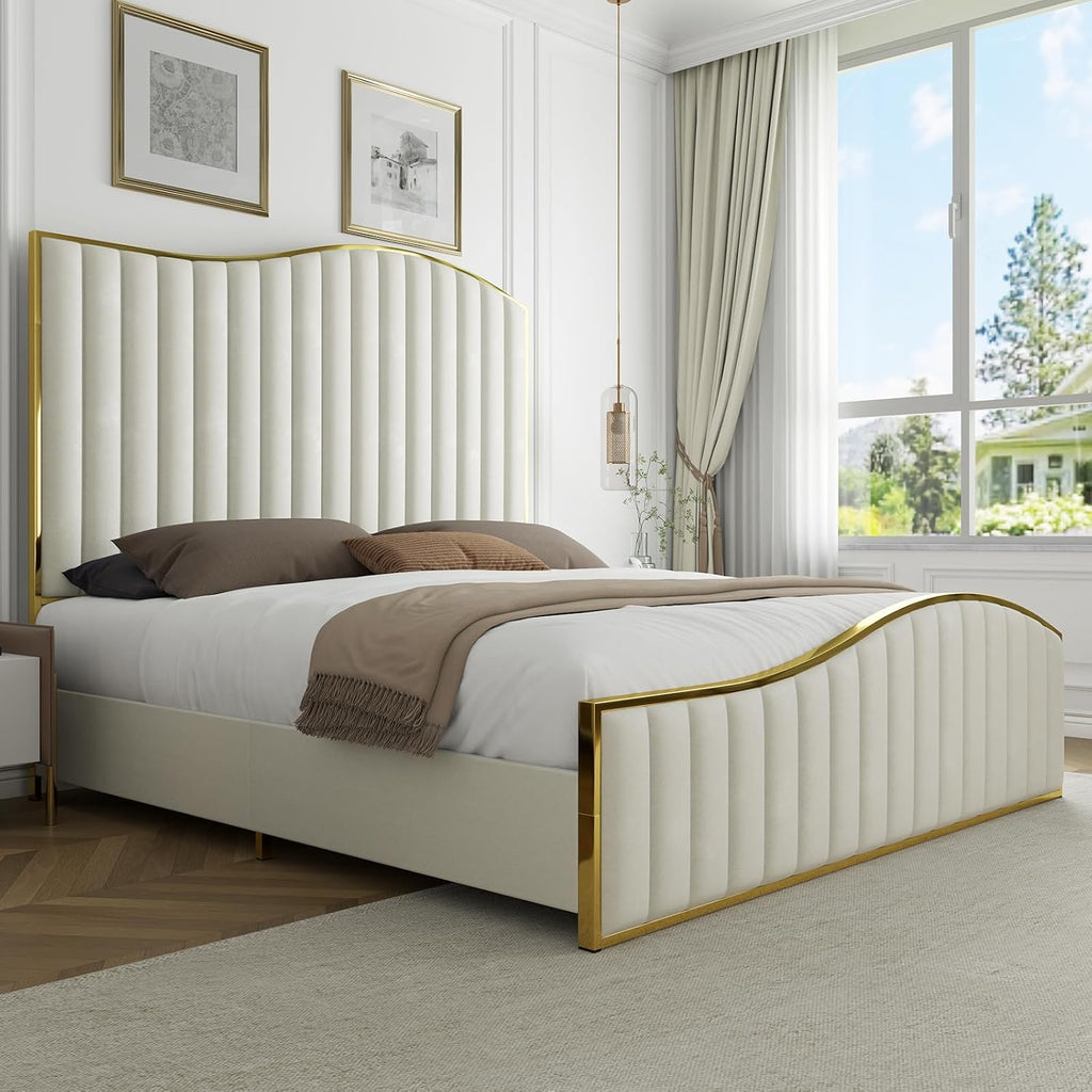 HOWE Queen Size Harp Bed Frame with 61.4' Extra Tall Curved Headboard, Velvet Upholstered Platform Bed with Gold Trim Accented Footboard, No Box Spring Needed, Wooden Slat Support, Cream
