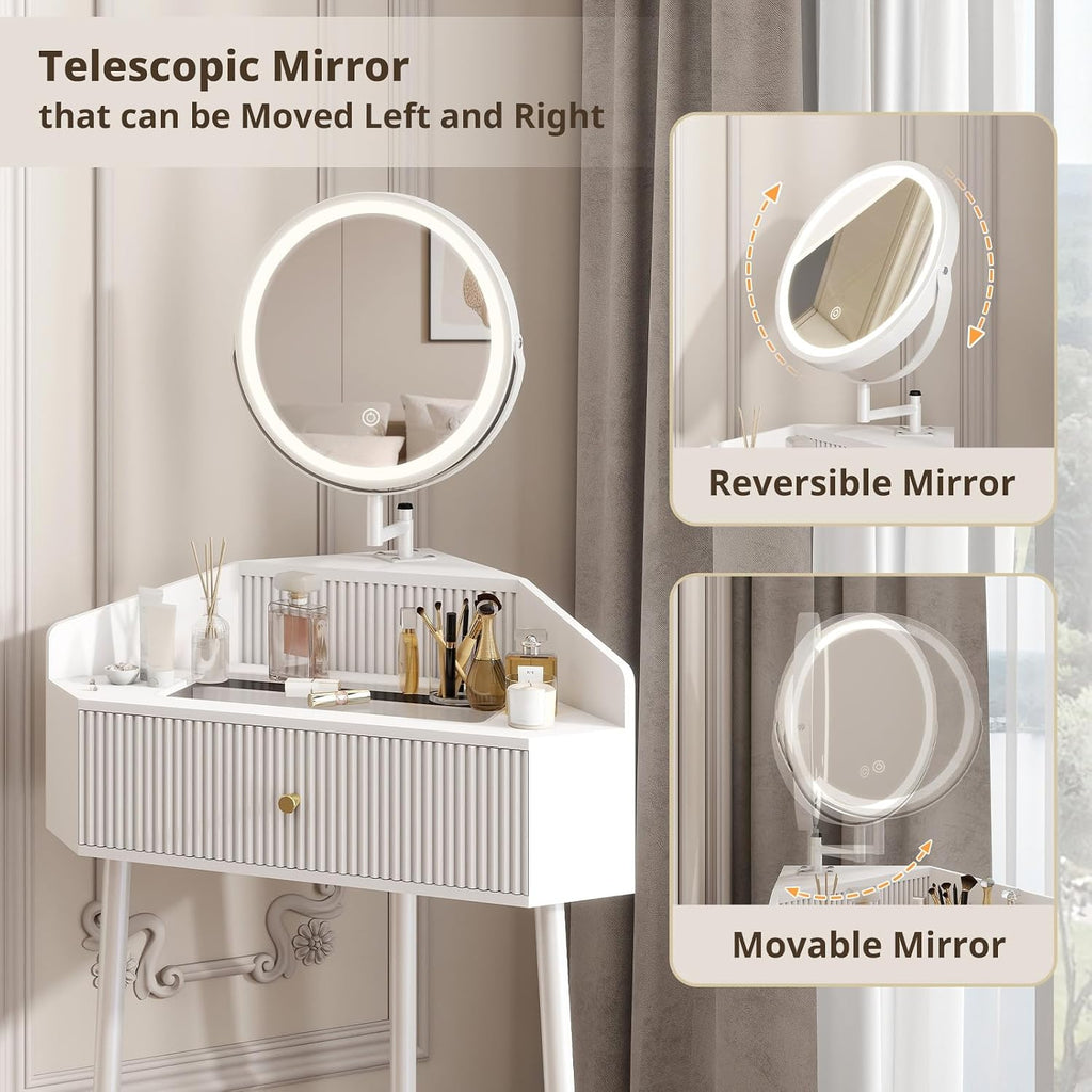 ARTETHYS Corner Vanity Desk with Retractable and Rotating Mirror and Lights Small Modern White Makeup Vanity Set with Glass Top for Women Compact Girls Dressing Table with Storage for Small Space