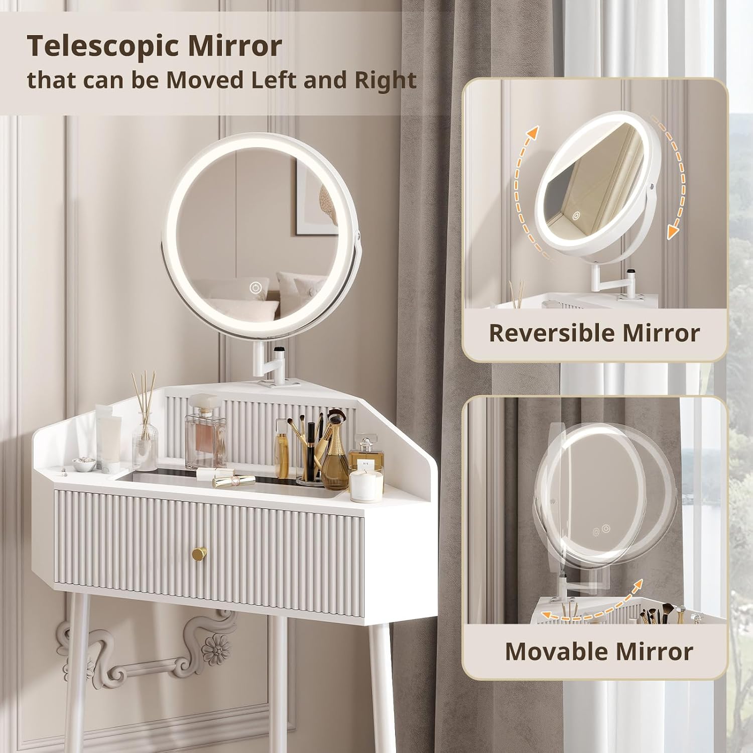 ARTETHYS Corner Vanity Desk with Retractable and Rotating Mirror and Lights Small Modern White Makeup Vanity Set with Glass Top for Women Compact Girls Dressing Table with Storage for Small Space