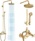 Antique Brass Shower System Bathroom Shower Faucet Set with 8 Inch Rainfall Shower Head Handheld Spray 2 Cross Handles Wall Mounted Outdoor Shower Fixtures Solid Brass