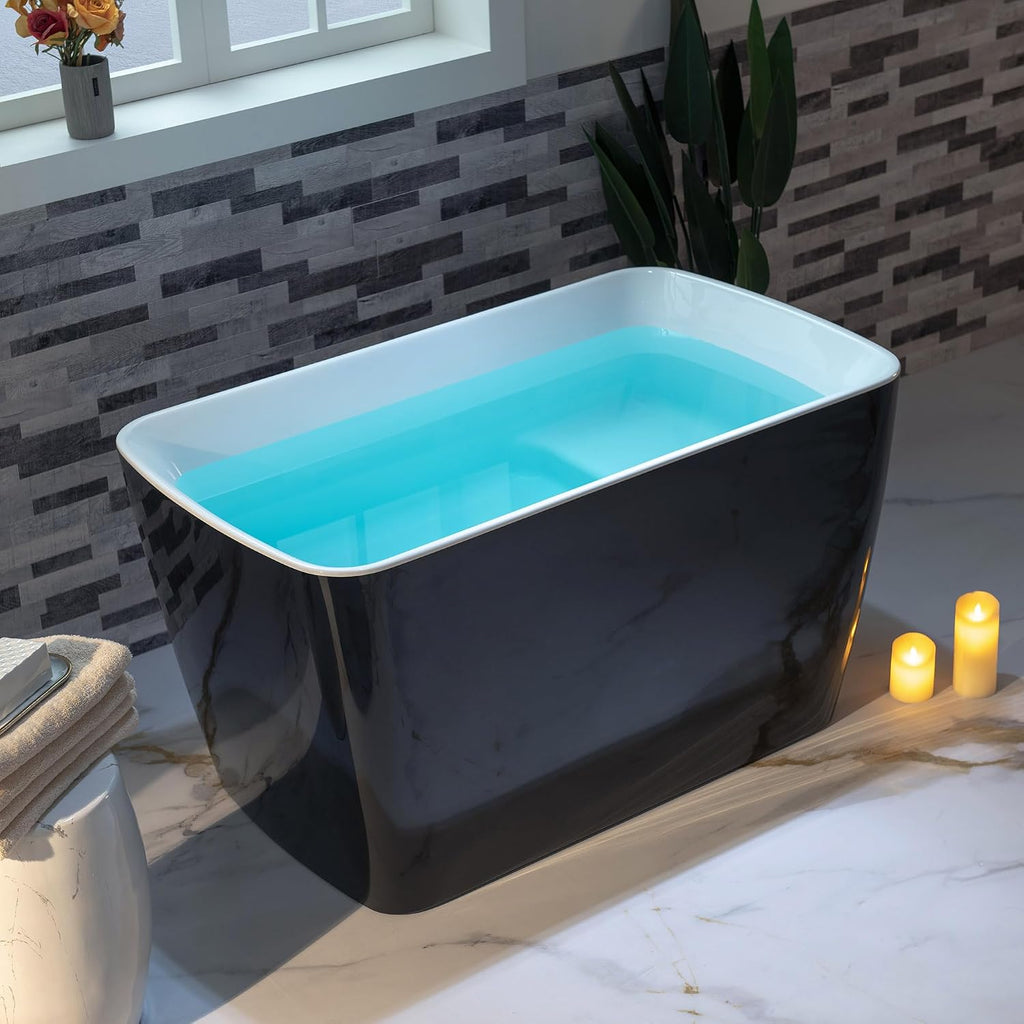 WOODBRIDGE 48' Acrylic Freestanding Square Shape Janpanese Soaking Tub with Pre-molded Seat and Oil-Rubbed Bronze Pop-UP Drain and Overflow Option, Black, B1870-ORB