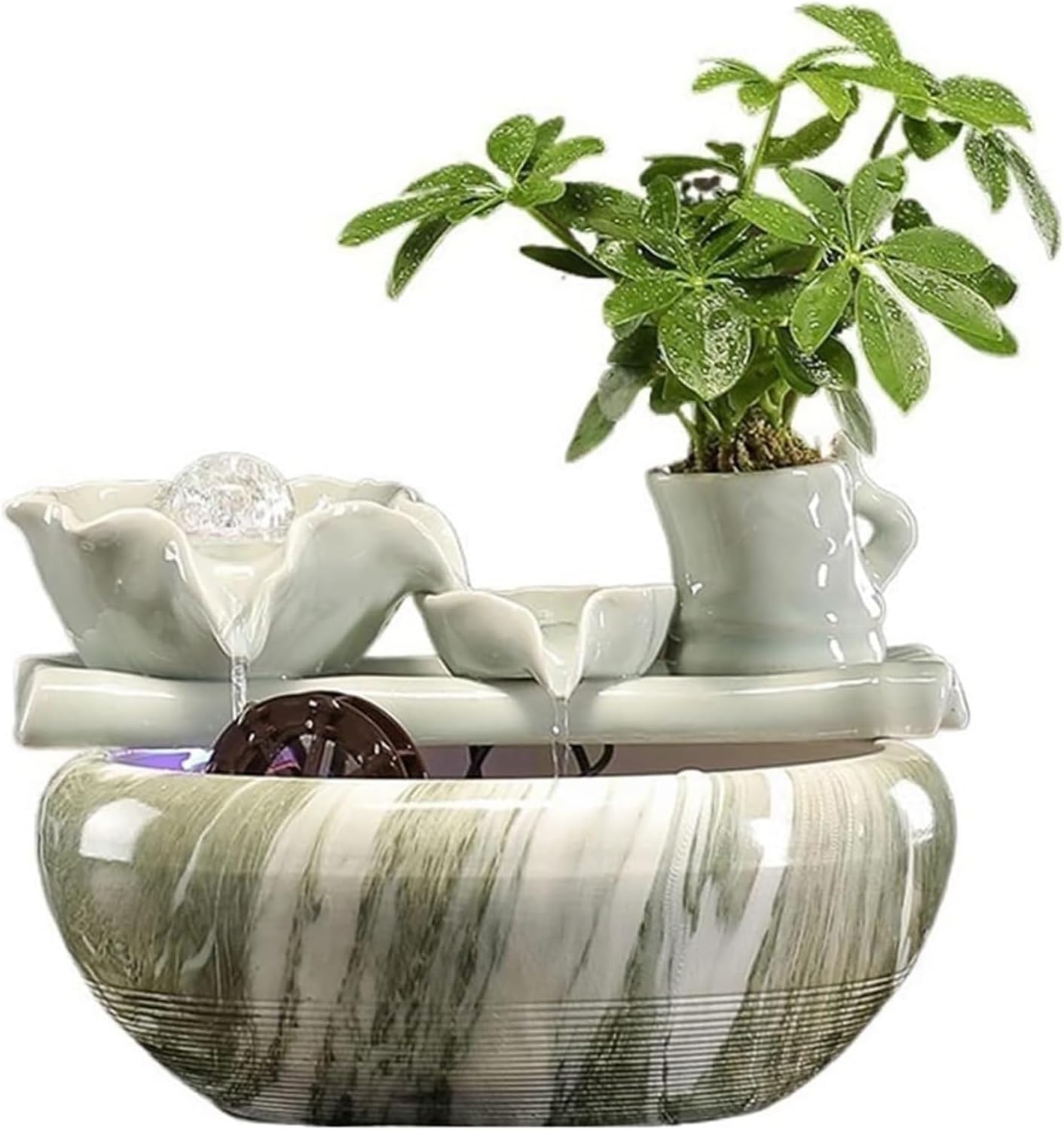 Indoor Water Feature,Ornaments Tabletop Fountain, Creative Small Ceramic Circulating Fish Tank，Chinese Artificial Tree