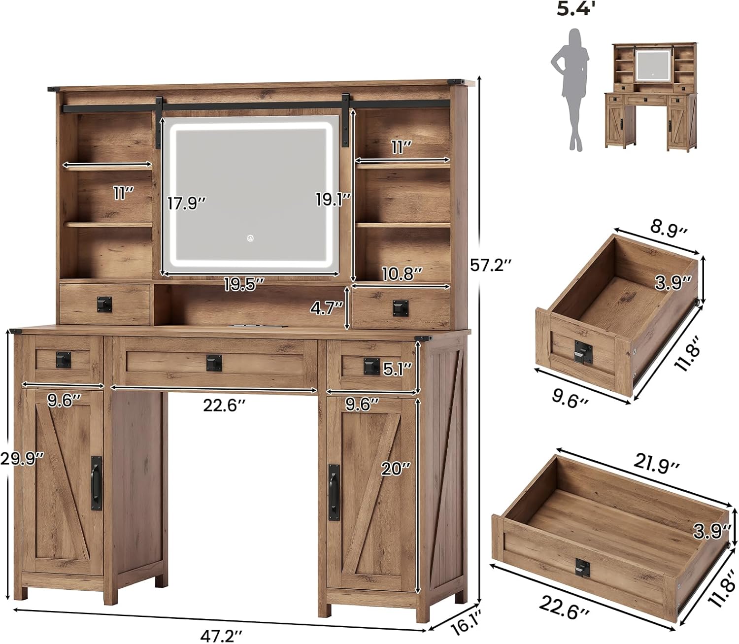 MSmask Makeup Vanity Desk with Lights, 47.2' Farmhouse Vanity Table with Sliding Mirror & Charging Station, Large Makeup Desk with 5 Drawers & 2 Cabinets, Rustic Oak