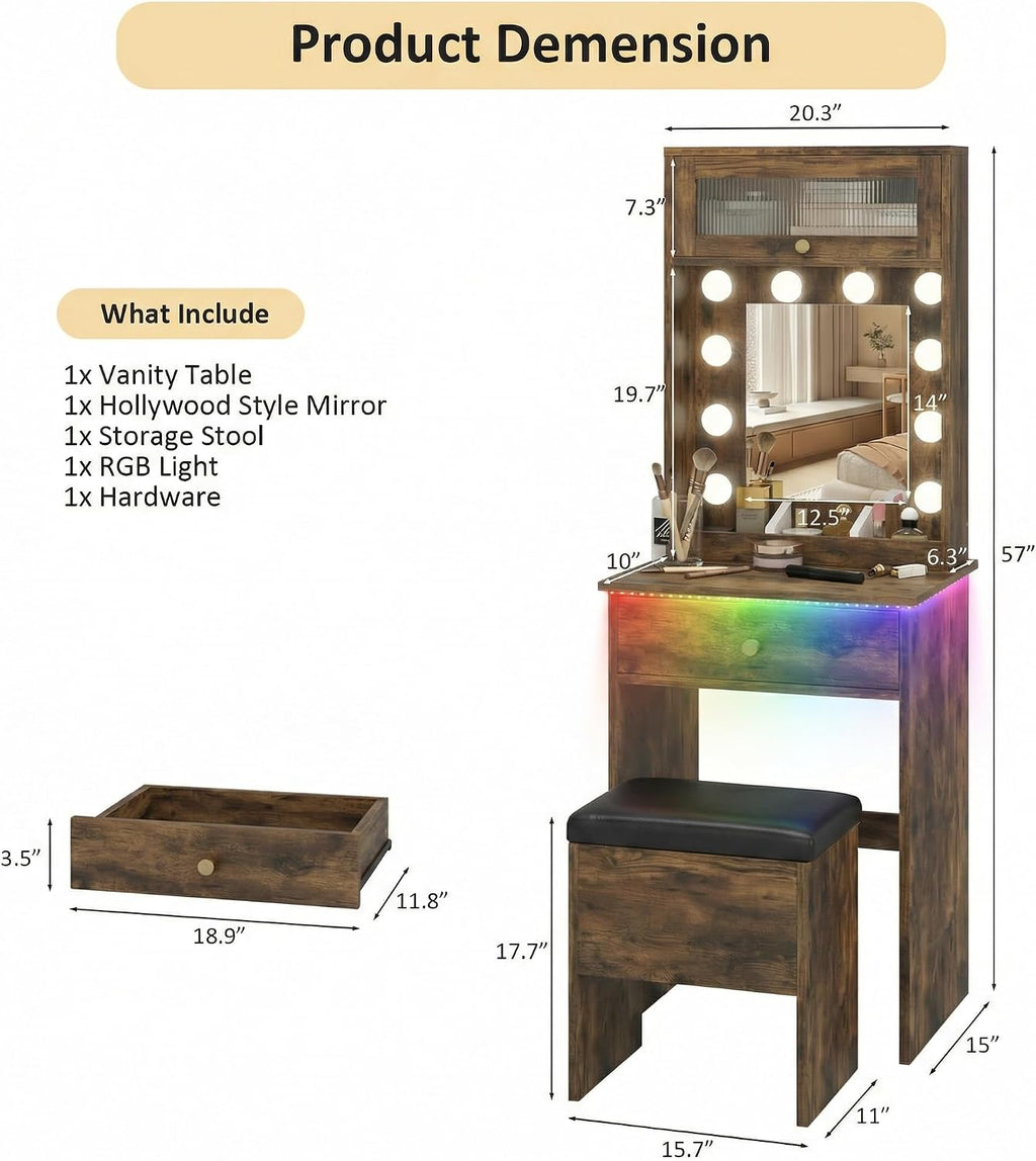 ARTETHYS Small Vanity Desk with Mirror and Lights Rustic Small Makeup Vanity with Storage Chair Mini Makeup Table Set for Bedroom Compact Dressing Table with RGB Lights for Tiny Space