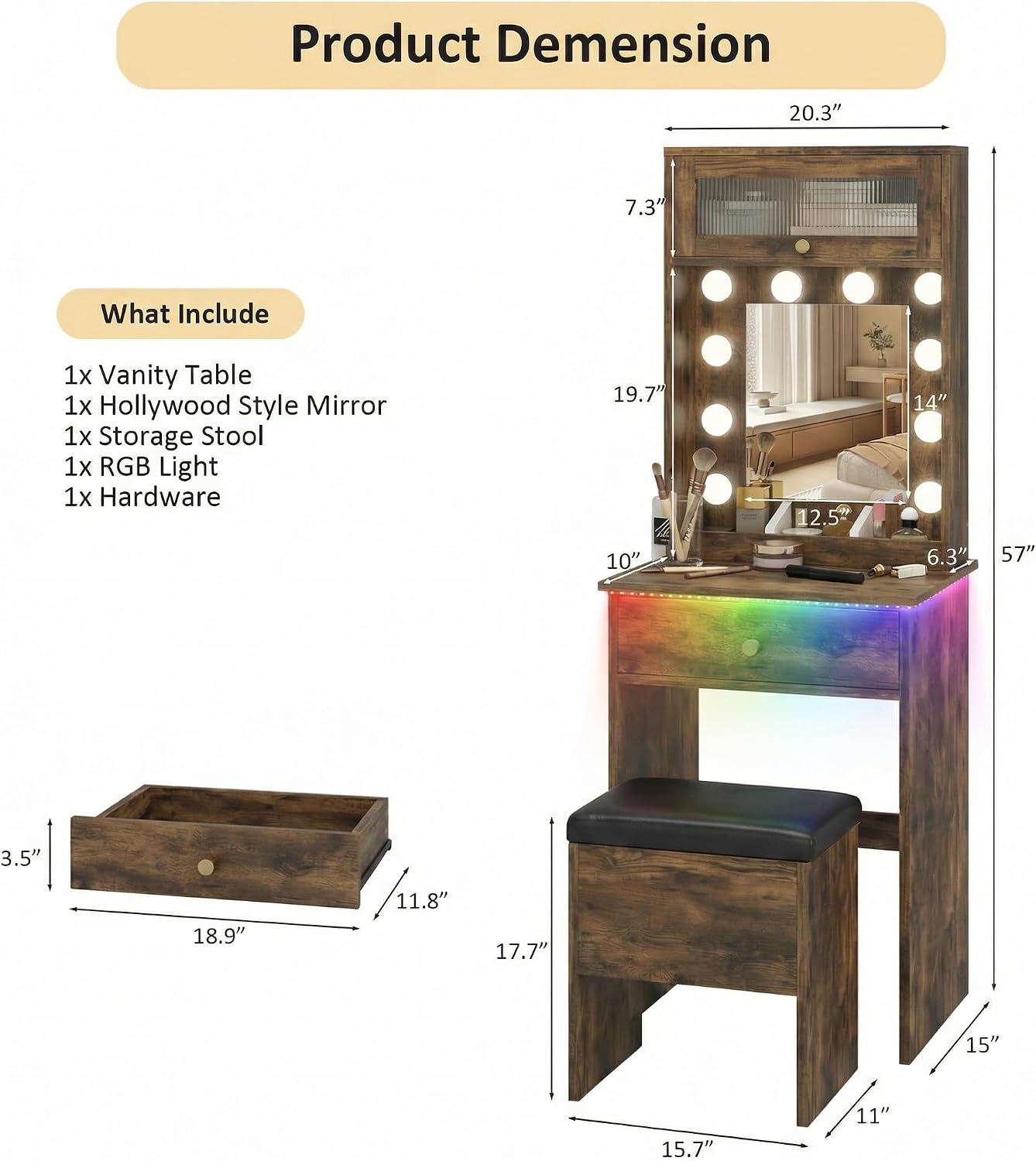 ARTETHYS Small Vanity Desk with Mirror and Lights Rustic Small Makeup Vanity with Storage Chair Mini Makeup Table Set for Bedroom Compact Dressing Table with RGB Lights for Tiny Space
