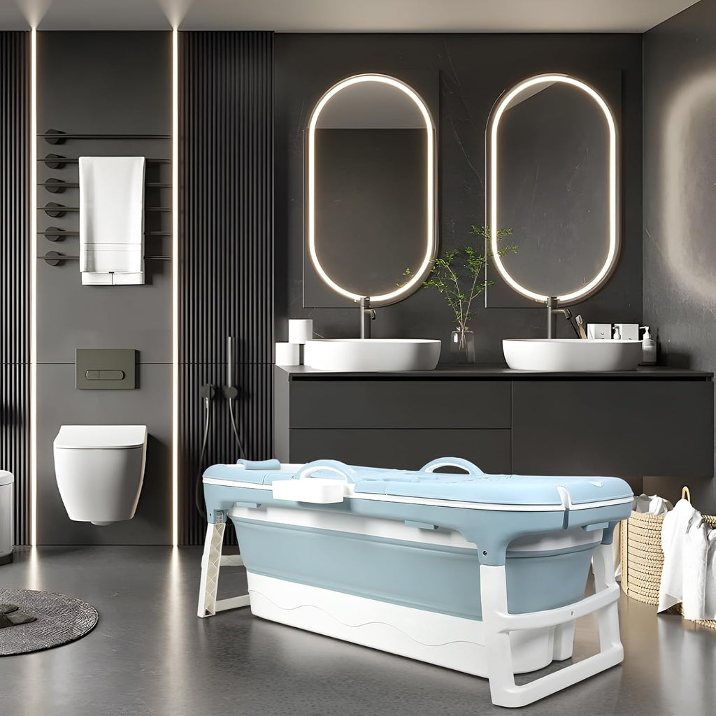 50' Foldable Bathtub for Adults, Large Portable Bath tub with Storage Basket, 1.3 Meter Foldable Bathtub with Thermal Cover for Indoor/Outdoor Use (Blue-50in)