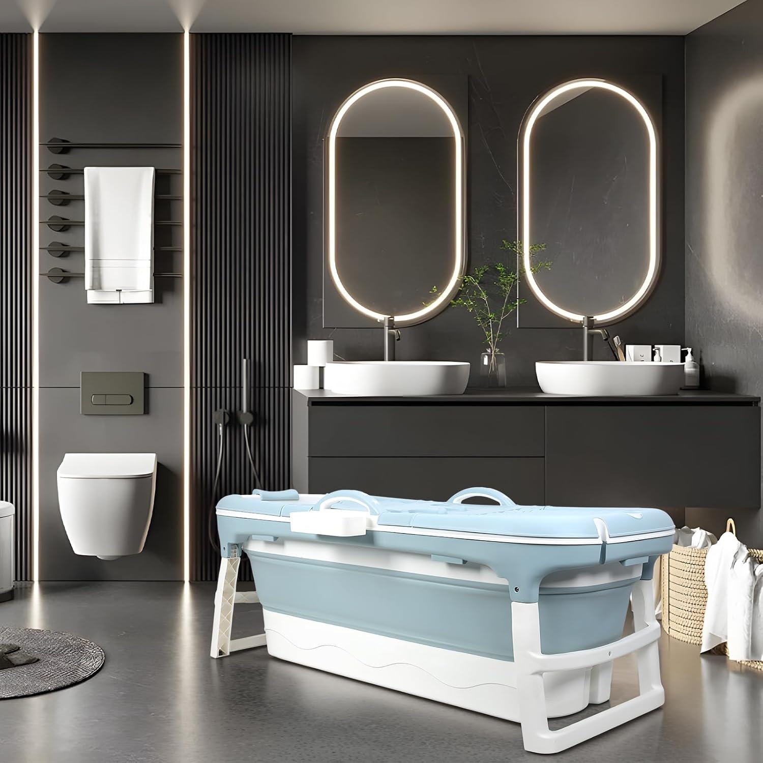 50' Foldable Bathtub for Adults, Large Portable Bath tub with Storage Basket, 1.3 Meter Foldable Bathtub with Thermal Cover for Indoor/Outdoor Use (Blue-50in)