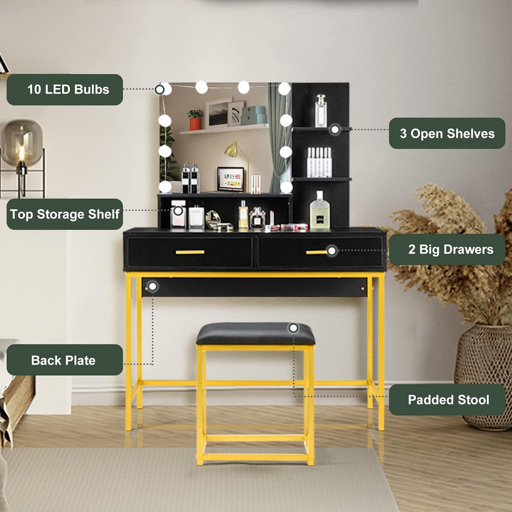 VINGLI Large Vanity Set with Lighted Mirror,Modern Makeup Vanity Table Set with LED Lights in 3 Colors,Bedroom Dressing Table with 2 Large Drawers and Storage Shelves for Women,Black&Gold