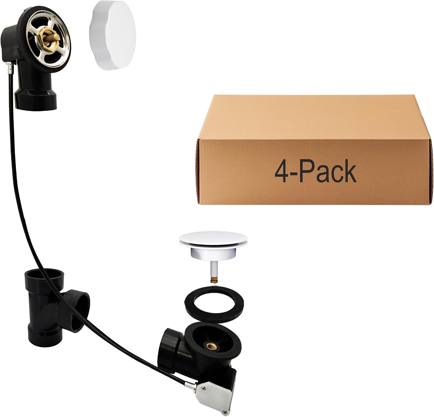 Westbrass D50A27-50 27' Cable Drive Standard Bath Drain Trim Kit with Rotary Overflow Cover Knob, Pop-Up Stopper and Sch. 40 ABS Fittings, Powder Coat White (4-Pack)