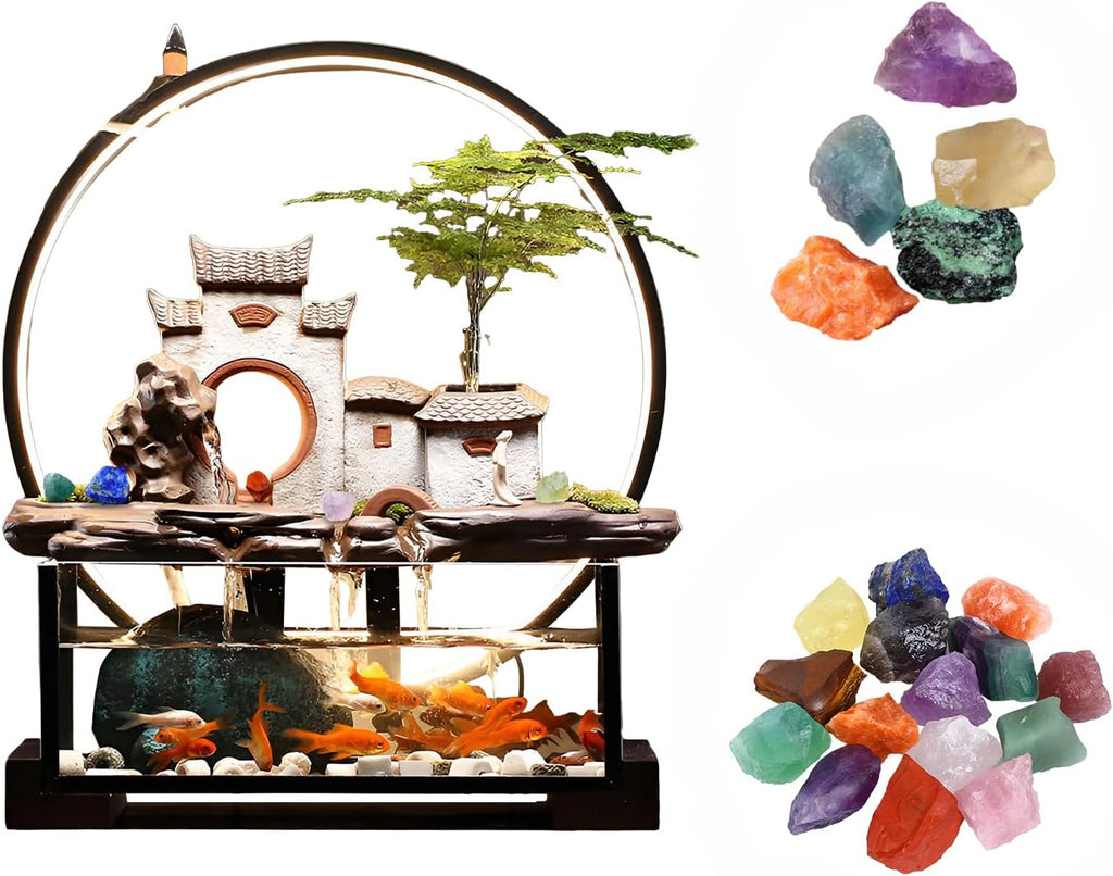 Desktop Ceramic Water Fountain Fish Tank - Adjustable Water Flow with LED Lights | Indoor Decoration Fortune Gifts+15 PCS Free Crystals (Style 3)
