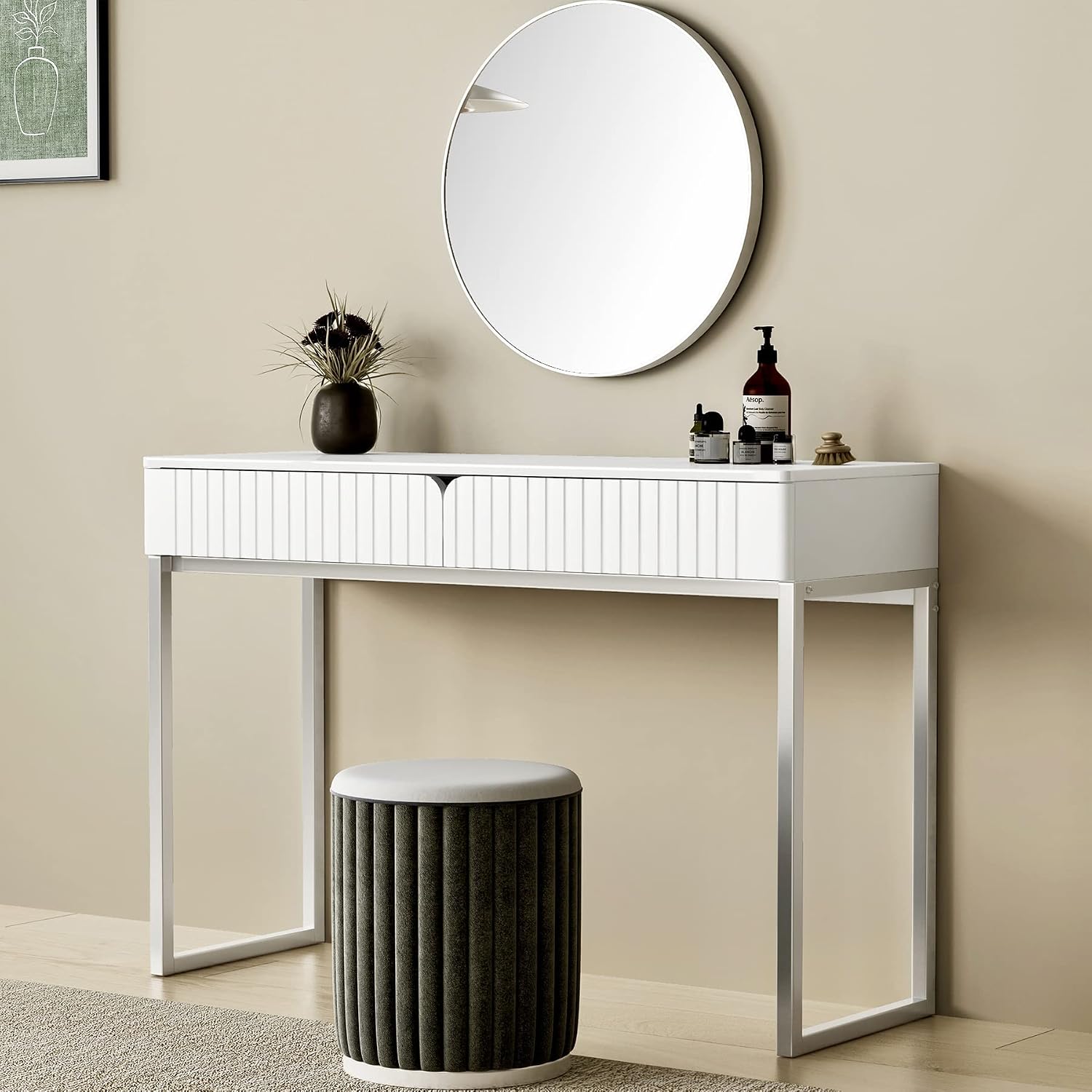 Tamworth Design Modern Multi-Purpose Desk, White & Antique Brass, 43' L x 15.75' W, 2 Large Drawers, Computer/Vanity/Study, Adult Size