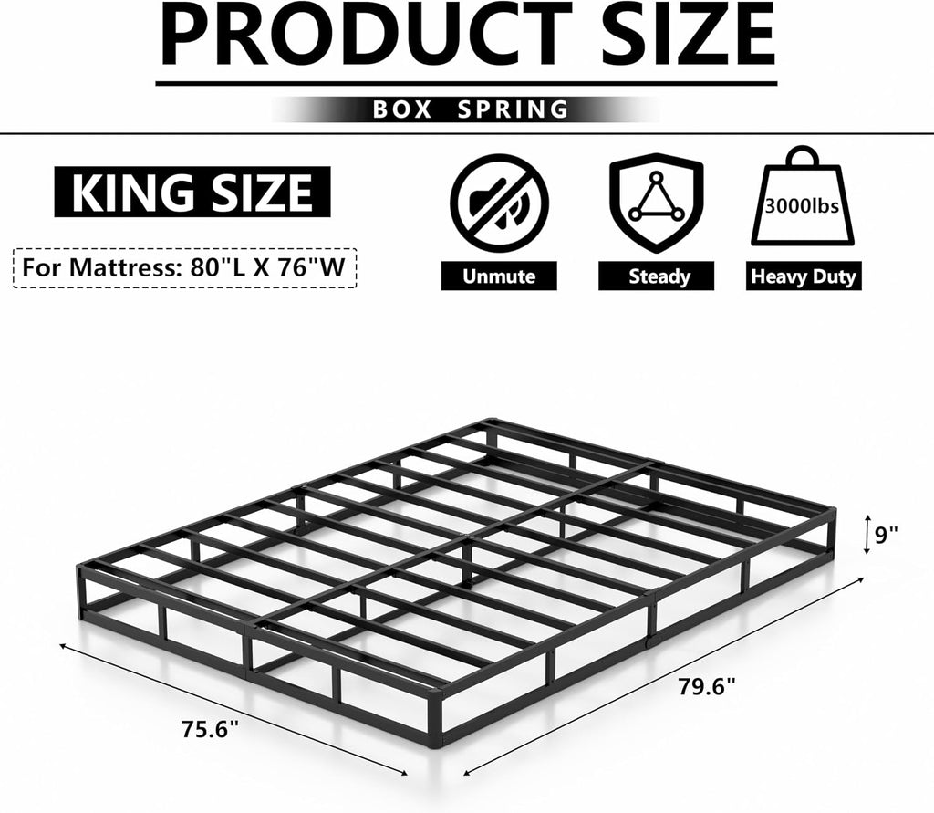 NHODIR 9 Inch King Box Spring, High Profile Box Spring King Size Heavy Duty Metal Mattress Foundation with Upholstered Fabric Cover, Easy Assembly