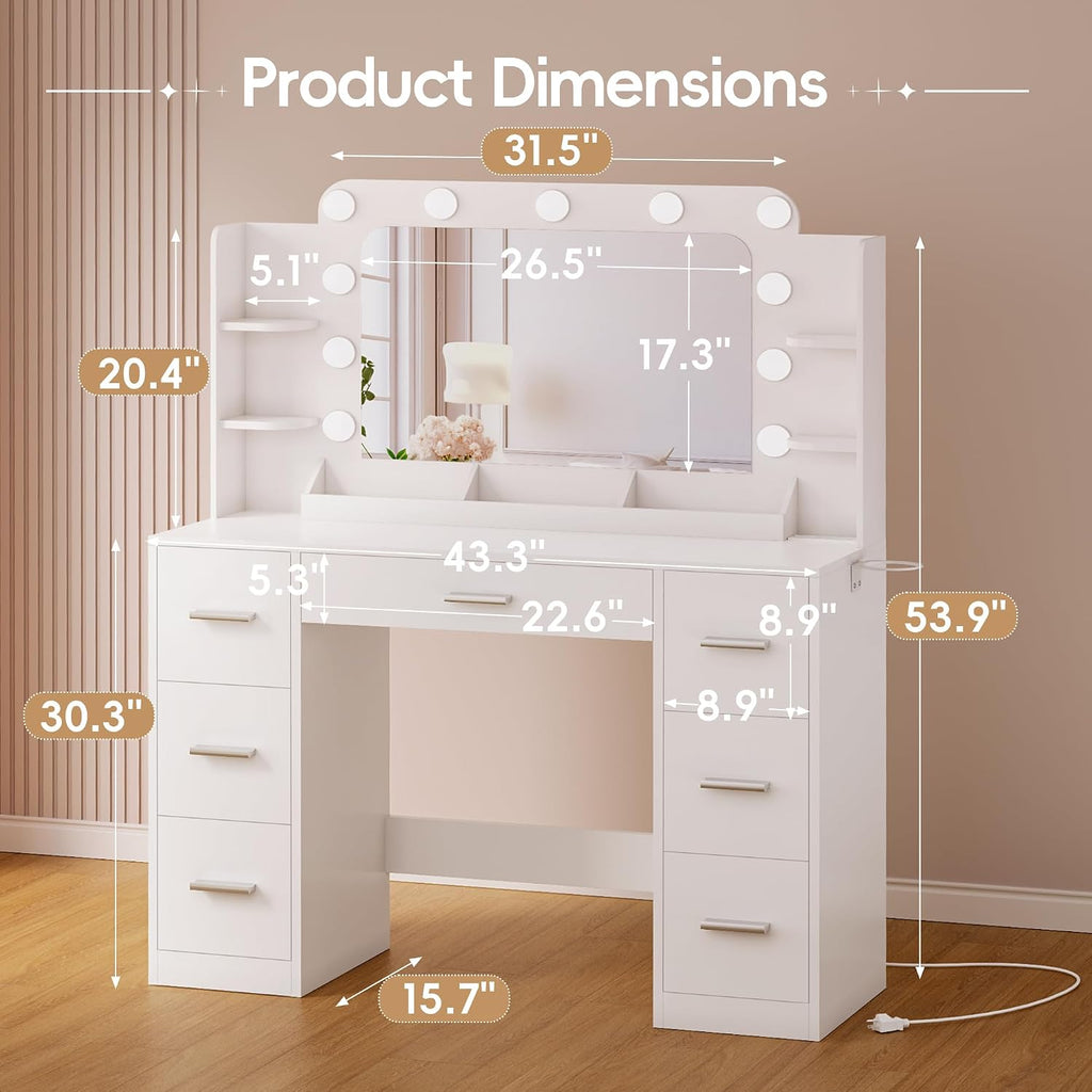 Furmax Vanity Desk with Hollywood Style Mirror with LED Lights, Makeup Table Vanity with 2 AC Outlets and1 USB＆1 Type-C Port, Adjustable Lighting, Modern Ample Storage Drawers Dressing Table (White)