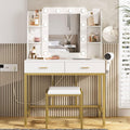 Vabches Vanity Desk with Mirror and 10 Led Lights, with Charging Station,Makeup Vanity Table Set with Lighted Mirror, with 3 Lighting Modes and 2 Drawers&Cushioned Stool for Bedroom