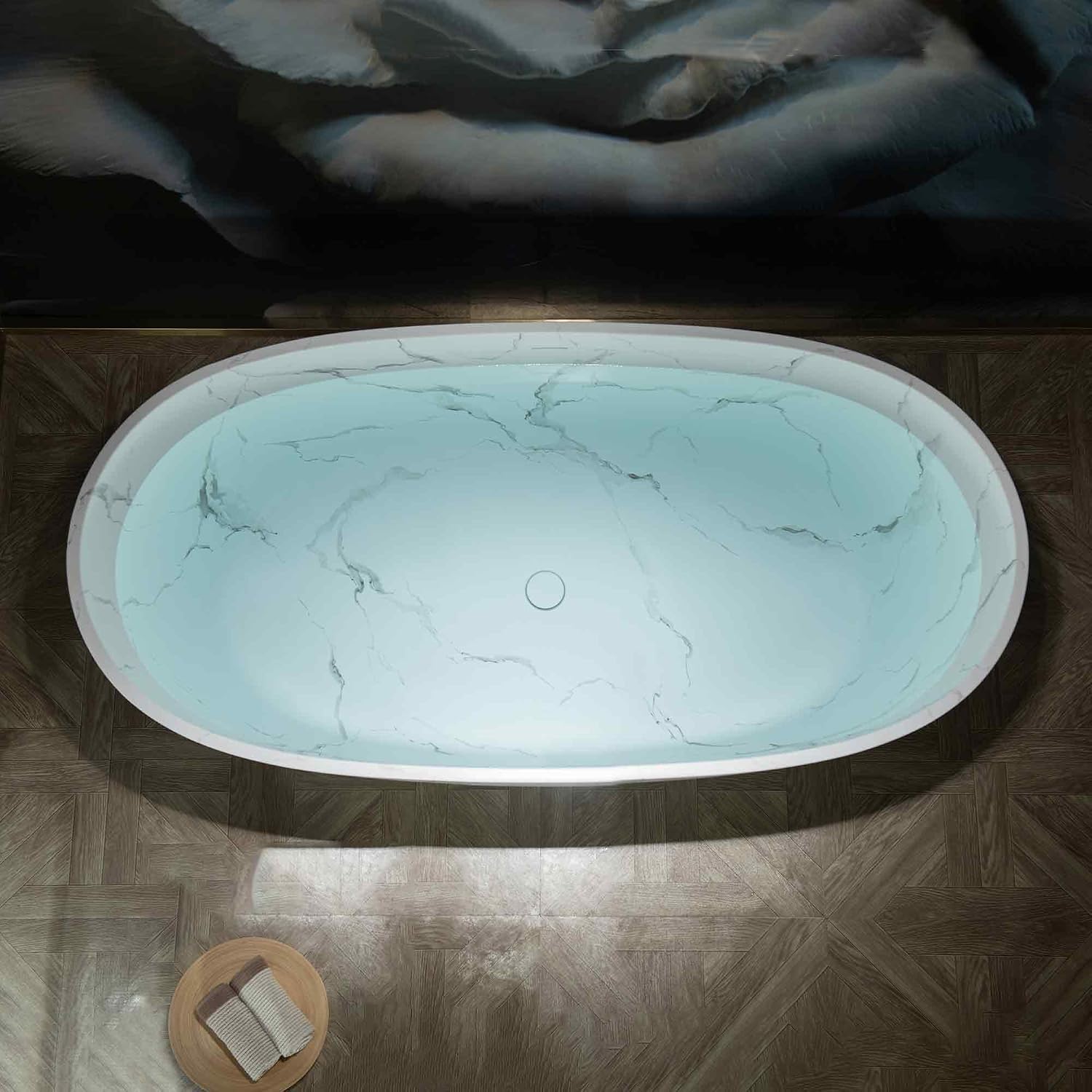 WOODBRIDGE 63' Marble-Pattern Stone Resin Freestanding Soaking Tub, Modern Oval Solid Surface Bathtub with Integrated Slotted Overflow & Drain, Matte Finish, CST0744