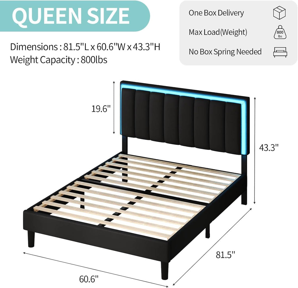 IMMERSTABLE Queen Bed Frame with LED Lights, Upholstered Bed Frame Queen Size with Headboard, Heavy Duty Wood and Metal Slats Support, Noise-Free, No Box Spring Needed, Easy Assembly, Black