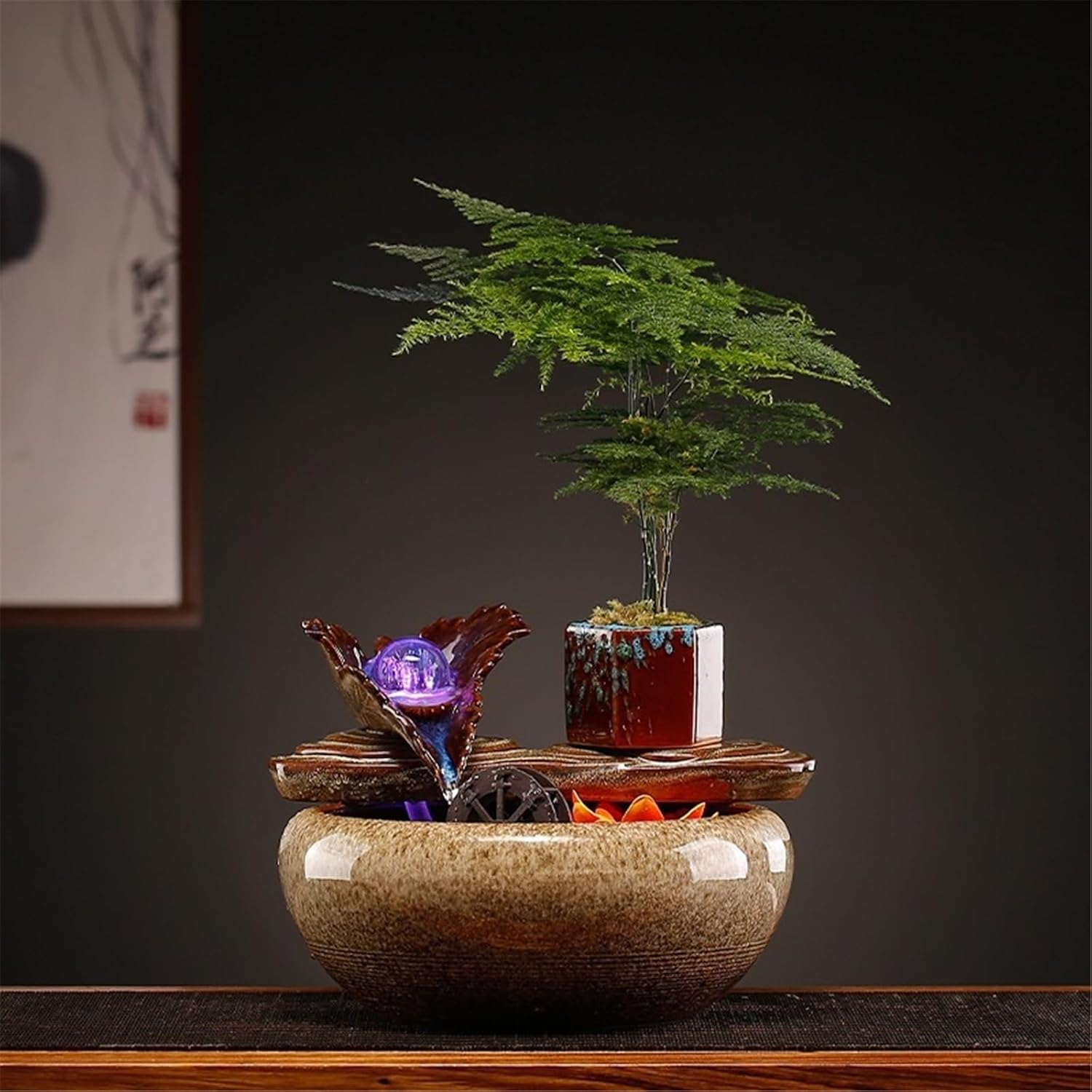 Desktop Fountain Chinese Style Tabletop Fountain Relaxation Water Feature Circulating Ceramic Fish Tank