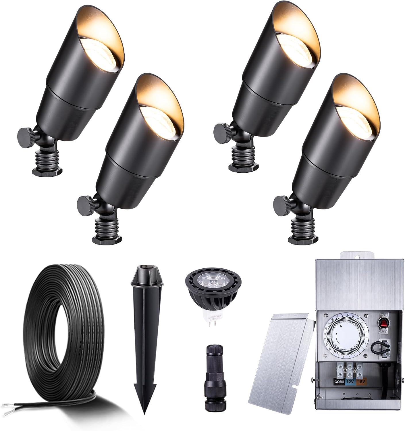 Gardenreet Black Brass Landscape Lighting Kit (4-Pack LED Spotlights) with Low Voltage Transformer 75W and Mechanical Timer and 100FT Cable and 20Pack Wire Connectors for Outdoor Garden Patio