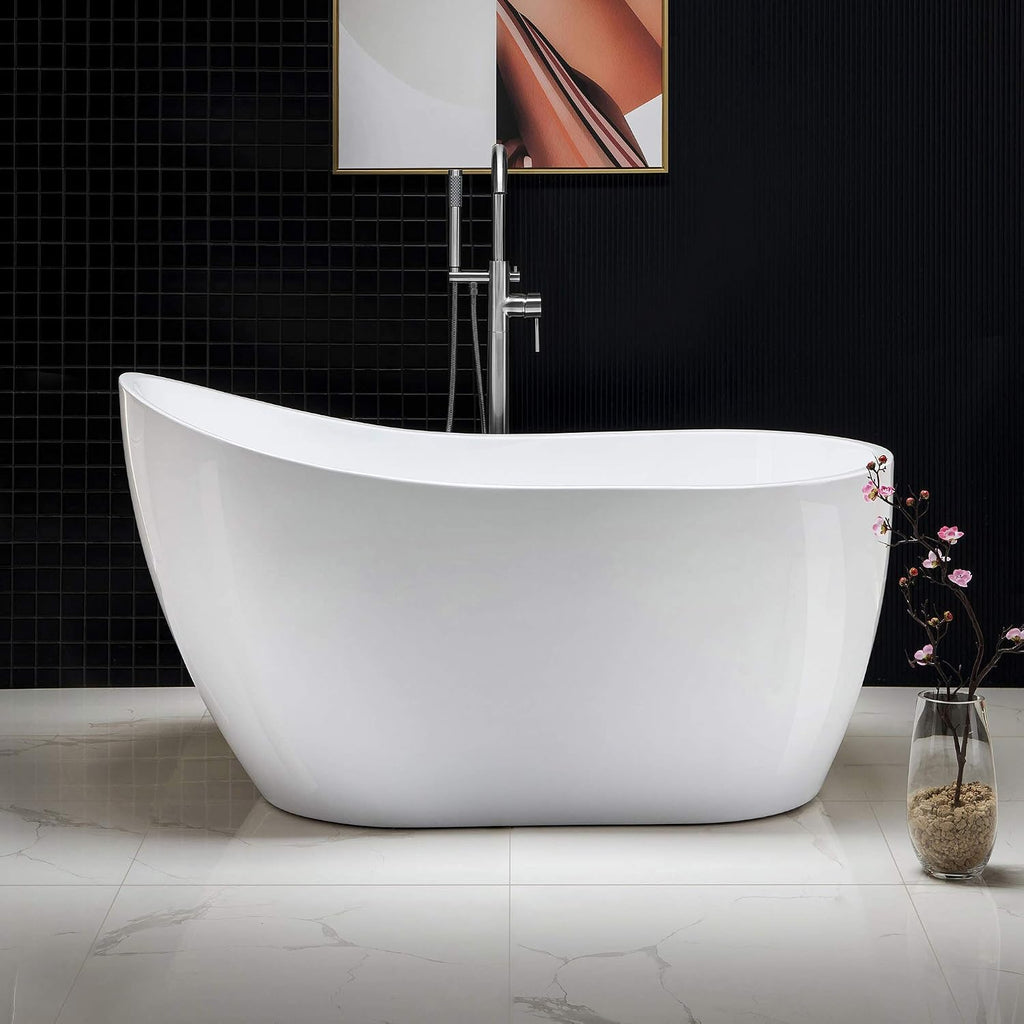 WOODBRIDGE 54' Acrylic Freestanding Bathtub Contemporary Soaking White Tub with Chrome Overflow and Drain，B0006 -C-Drain &O