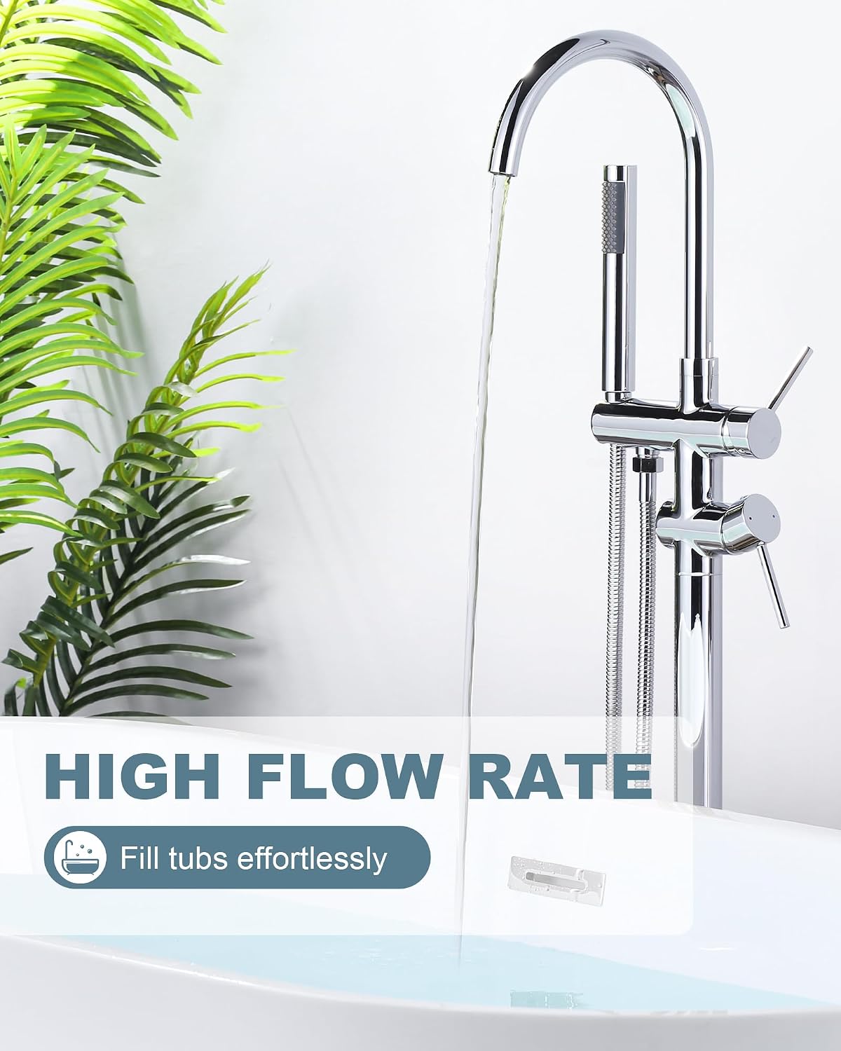 Freestanding Tub Filler Faucet Chrome: High Flow Brass Floor Mount Bathtub Filler, Swivel Gooseneck Spout with Single Handheld Sprayer for Bath Shower