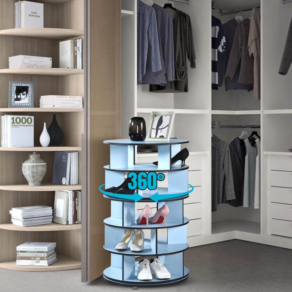 Kings Brand Furniture - 5-Tier Rotating Shoe Rack, 360° Revolving Lazy Susan Spinning Shoe Rack Tower Storage Organizer for Closet Entryway Bedroom Hallway, Blue