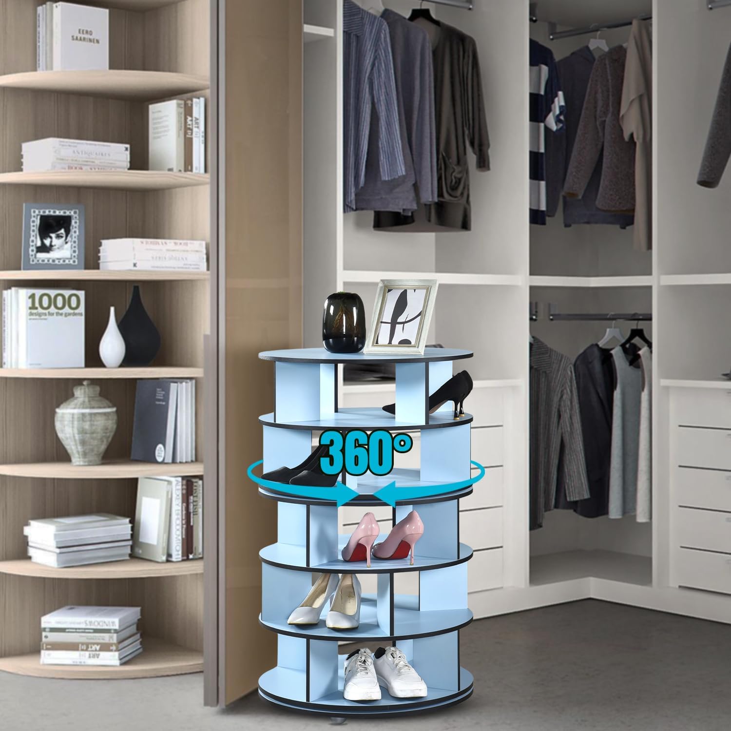 Kings Brand Furniture - 5-Tier Rotating Shoe Rack, 360° Revolving Lazy Susan Spinning Shoe Rack Tower Storage Organizer for Closet Entryway Bedroom Hallway, Blue